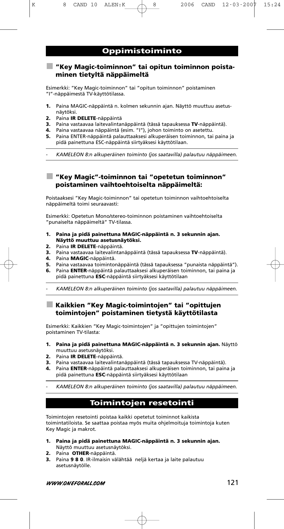 Oppimistoiminto toimintojen resetointi | One for All KAMELEON URC-8308 User Manual | Page 122 / 293