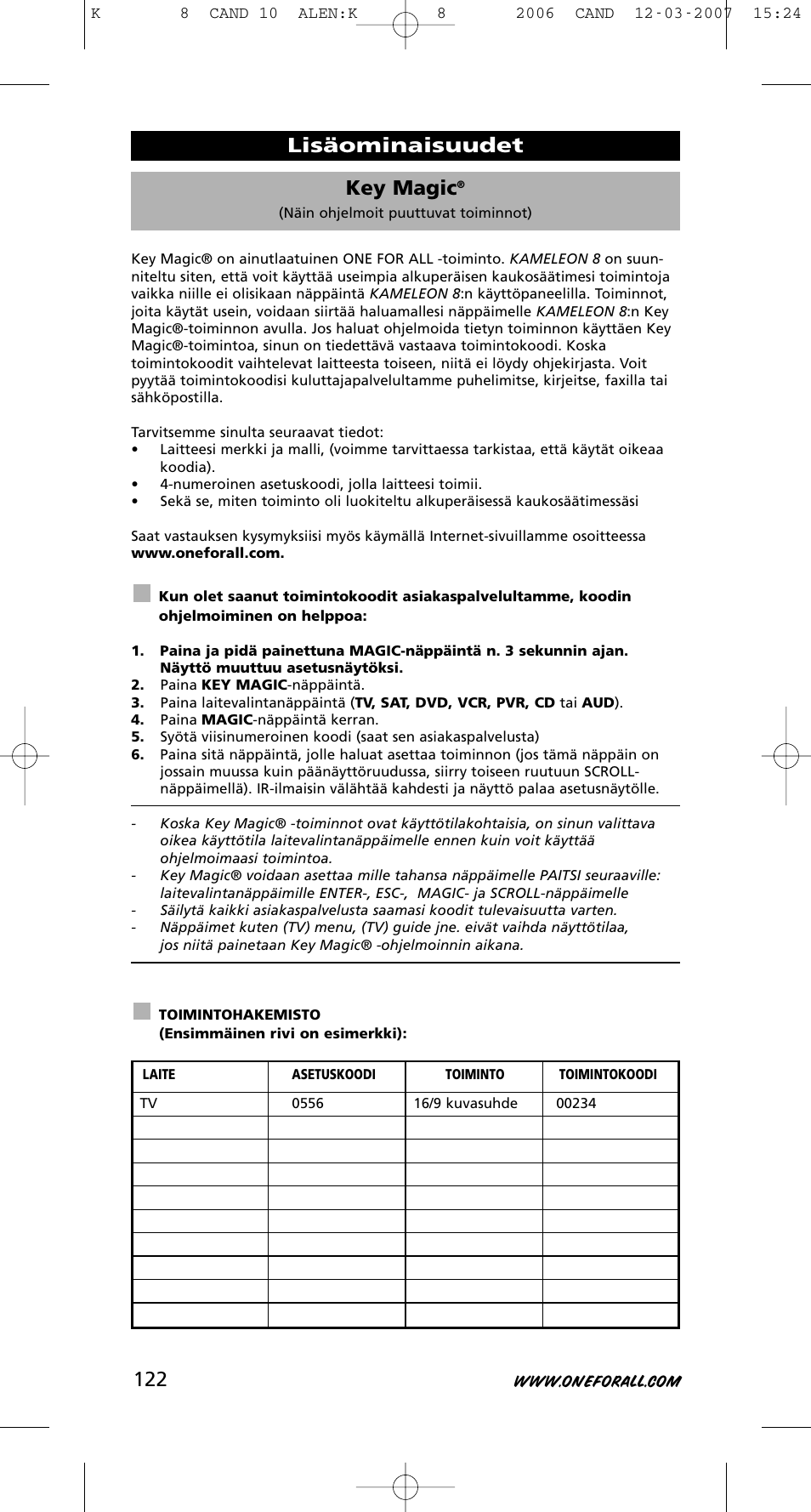 Key magic, Lisäominaisuudet | One for All KAMELEON URC-8308 User Manual | Page 123 / 293