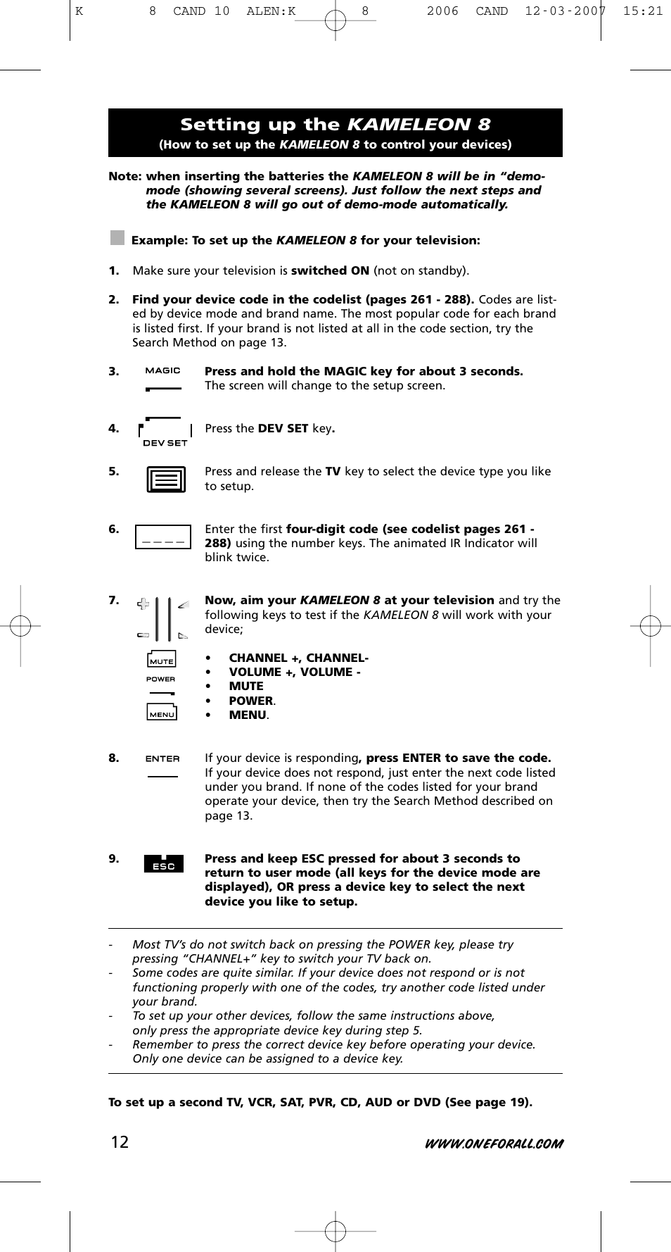 Setting up the kameleon 8 | One for All KAMELEON URC-8308 User Manual | Page 13 / 293