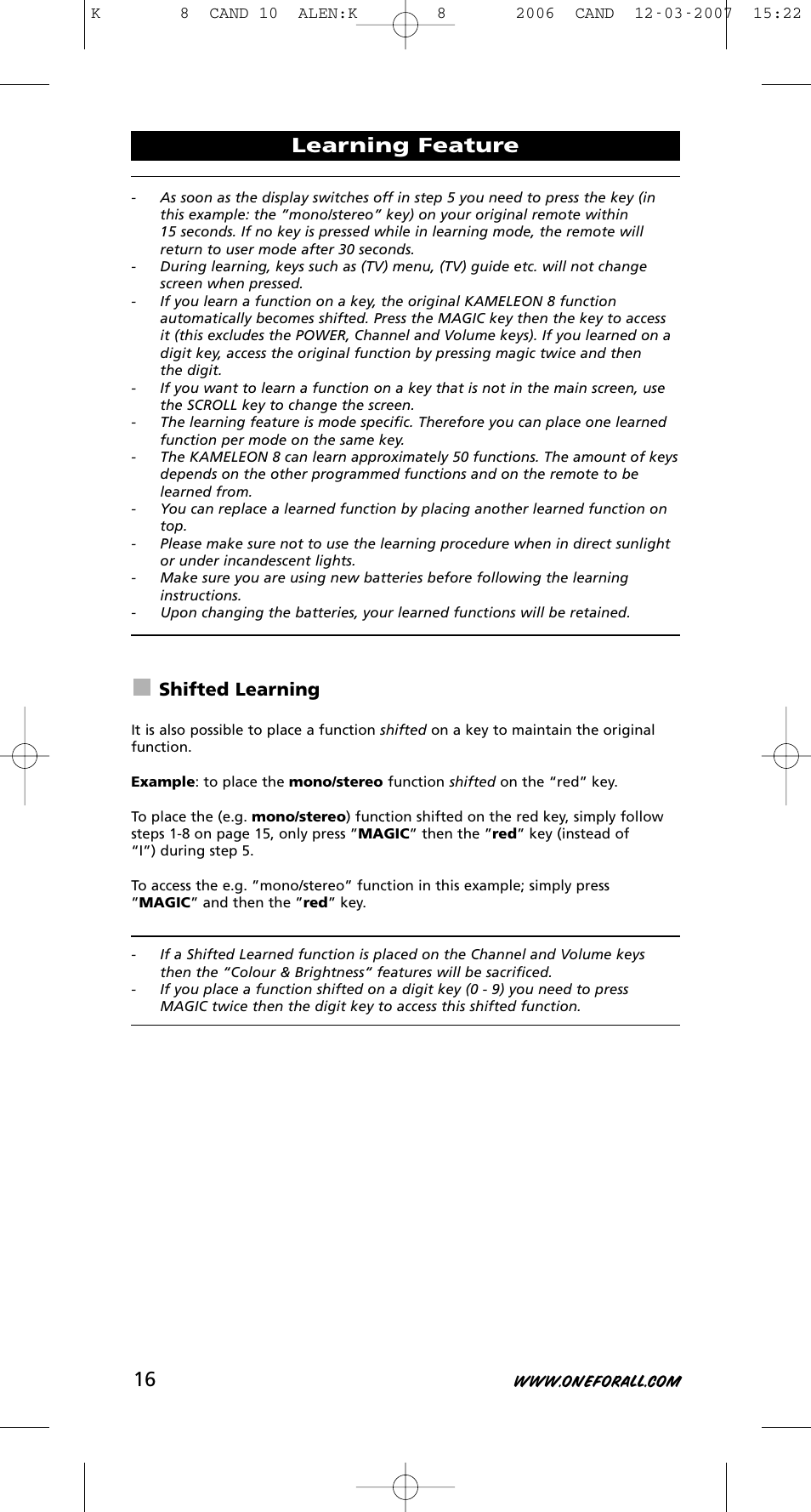 Learning feature, Shifted learning | One for All KAMELEON URC-8308 User Manual | Page 17 / 293