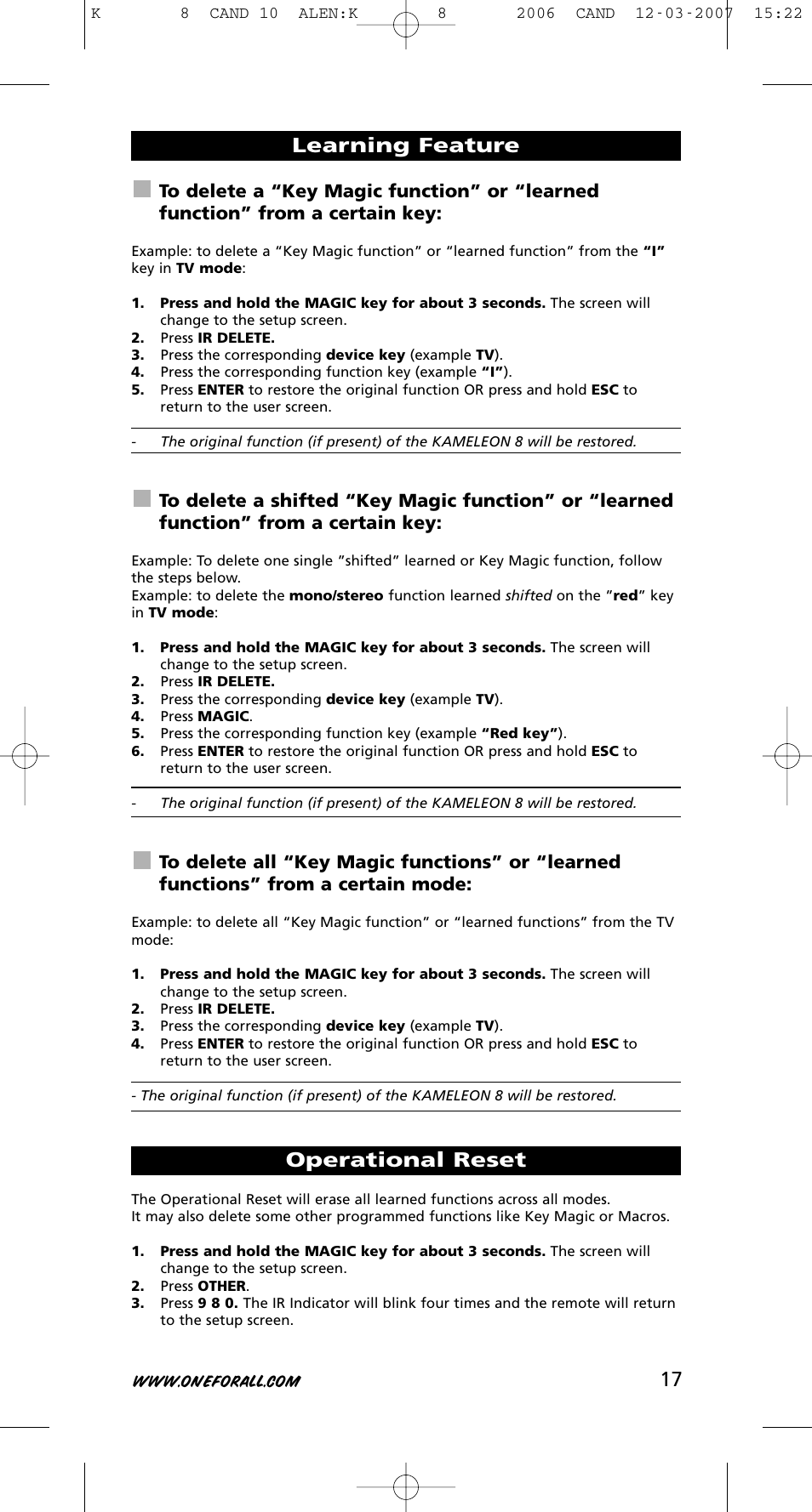 Learning feature operational reset | One for All KAMELEON URC-8308 User Manual | Page 18 / 293