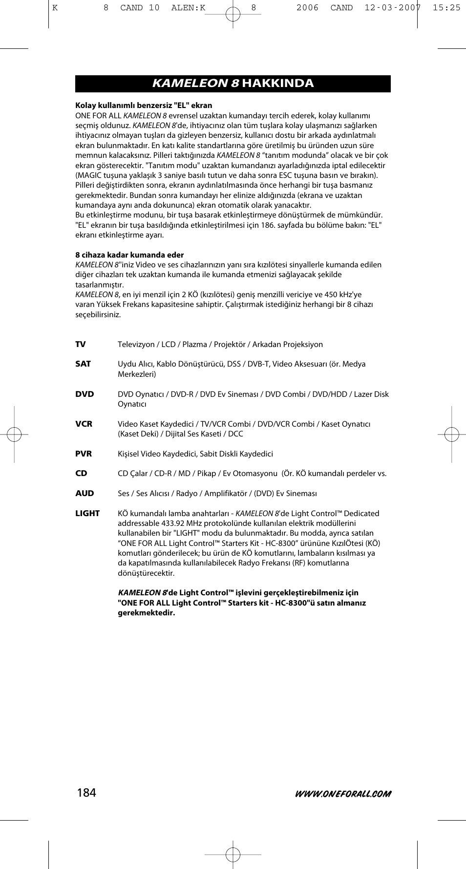 Kameleon 8, Hakkinda | One for All KAMELEON URC-8308 User Manual | Page 185 / 293
