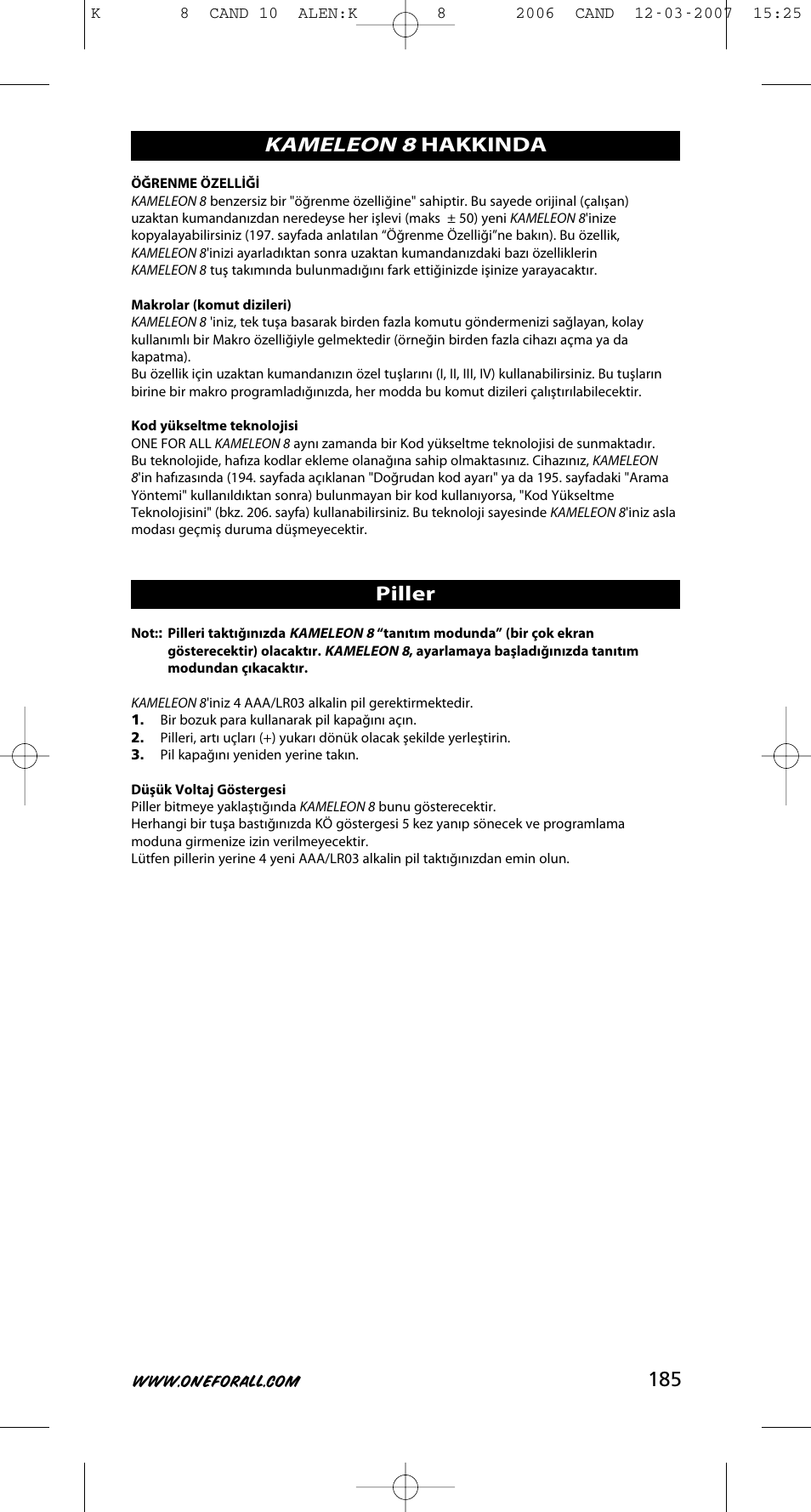 Kameleon 8, Hakkinda piller | One for All KAMELEON URC-8308 User Manual | Page 186 / 293
