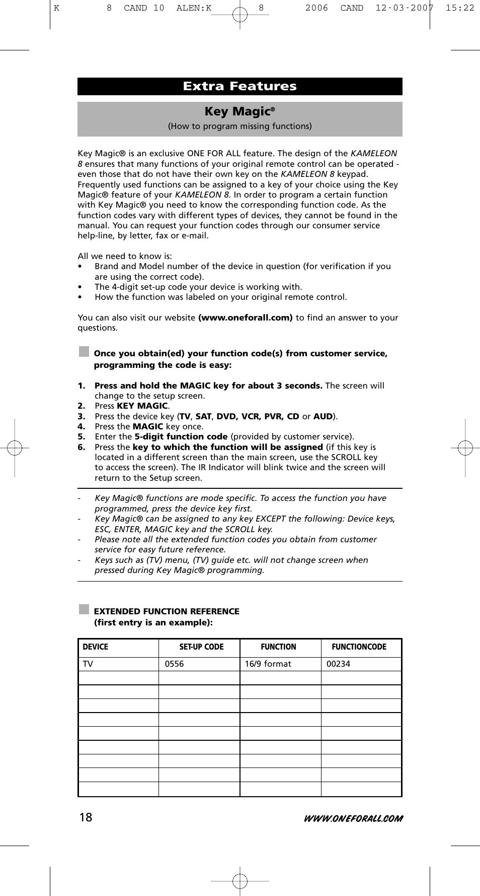 Key magic, Extra features | One for All KAMELEON URC-8308 User Manual | Page 19 / 293