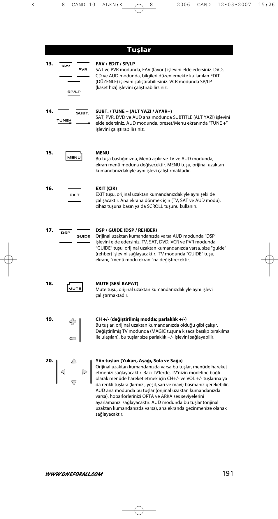 191 tuşlar | One for All KAMELEON URC-8308 User Manual | Page 192 / 293