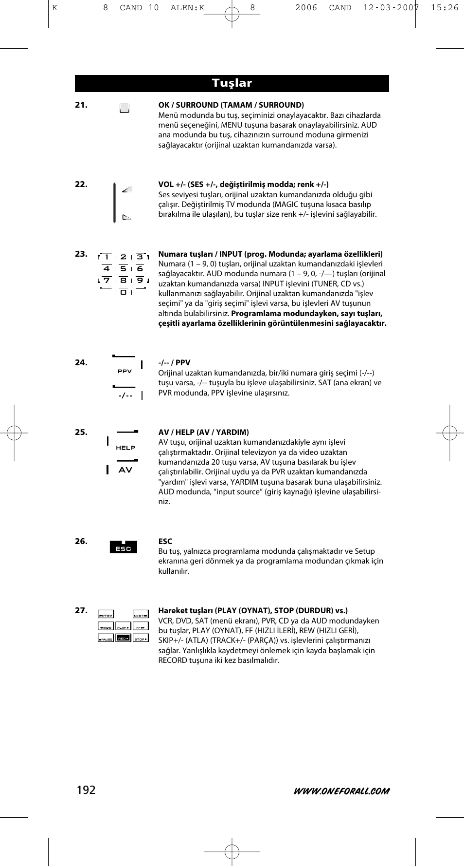 Tuşlar | One for All KAMELEON URC-8308 User Manual | Page 193 / 293