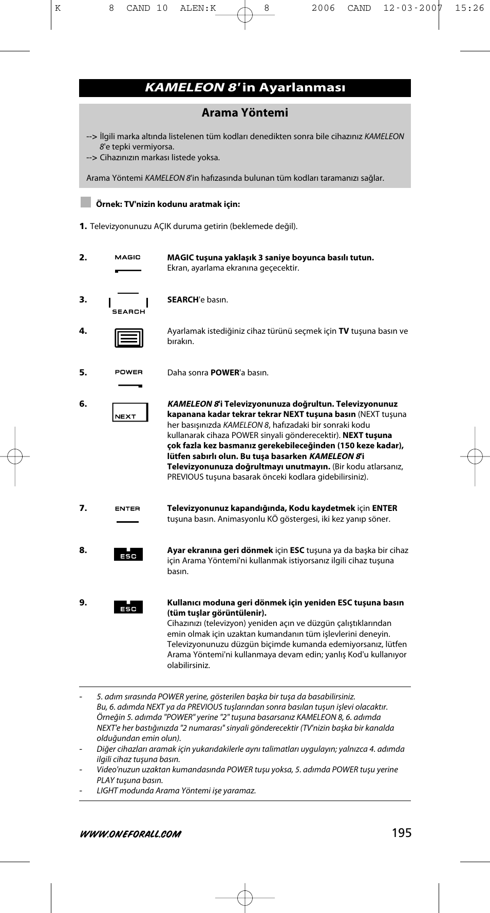 Kameleon 8, 195 arama yöntemi | One for All KAMELEON URC-8308 User Manual | Page 196 / 293