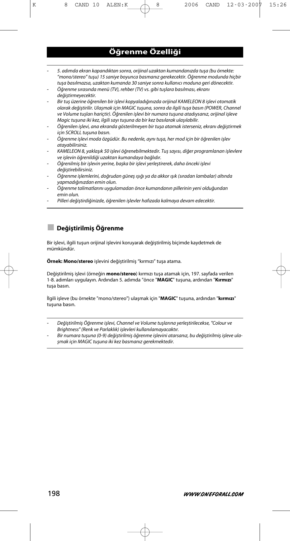 Öğrenme özelliği, Değiştirilmiş öğrenme | One for All KAMELEON URC-8308 User Manual | Page 199 / 293