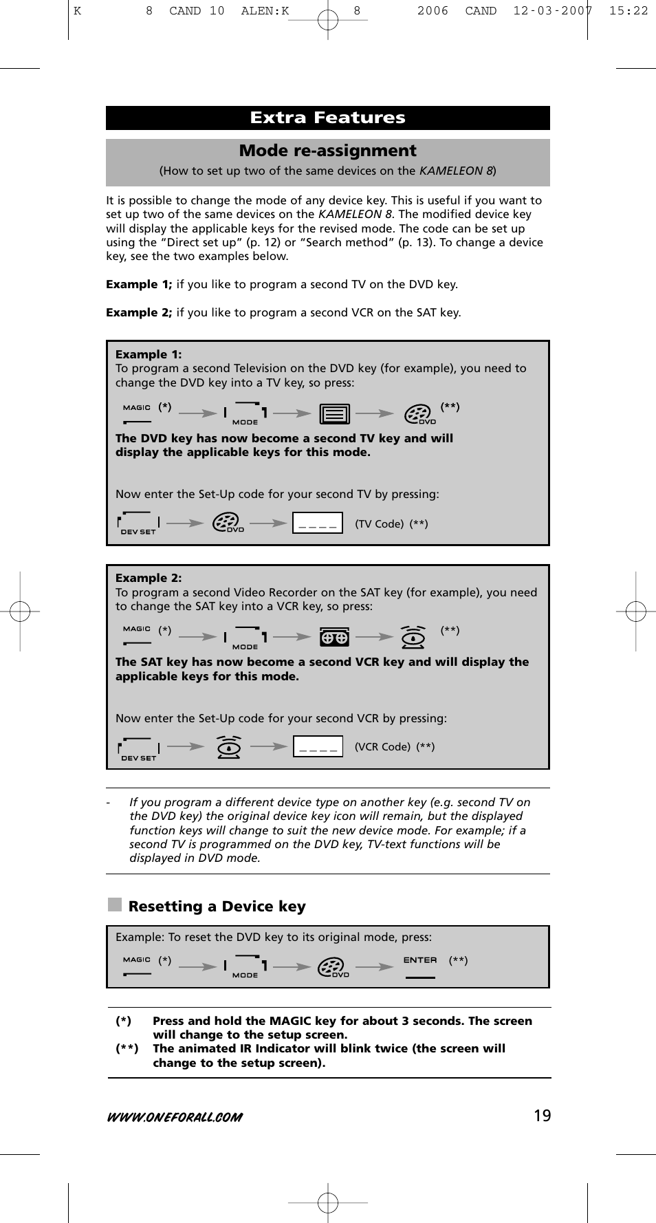19 mode re-assignment, Extra features, Resetting a device key | One for All KAMELEON URC-8308 User Manual | Page 20 / 293