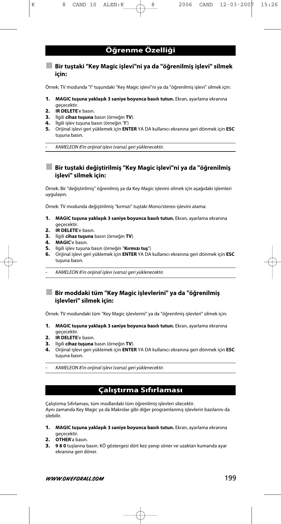 Öğrenme özelliği çalıştırma sıfırlaması | One for All KAMELEON URC-8308 User Manual | Page 200 / 293