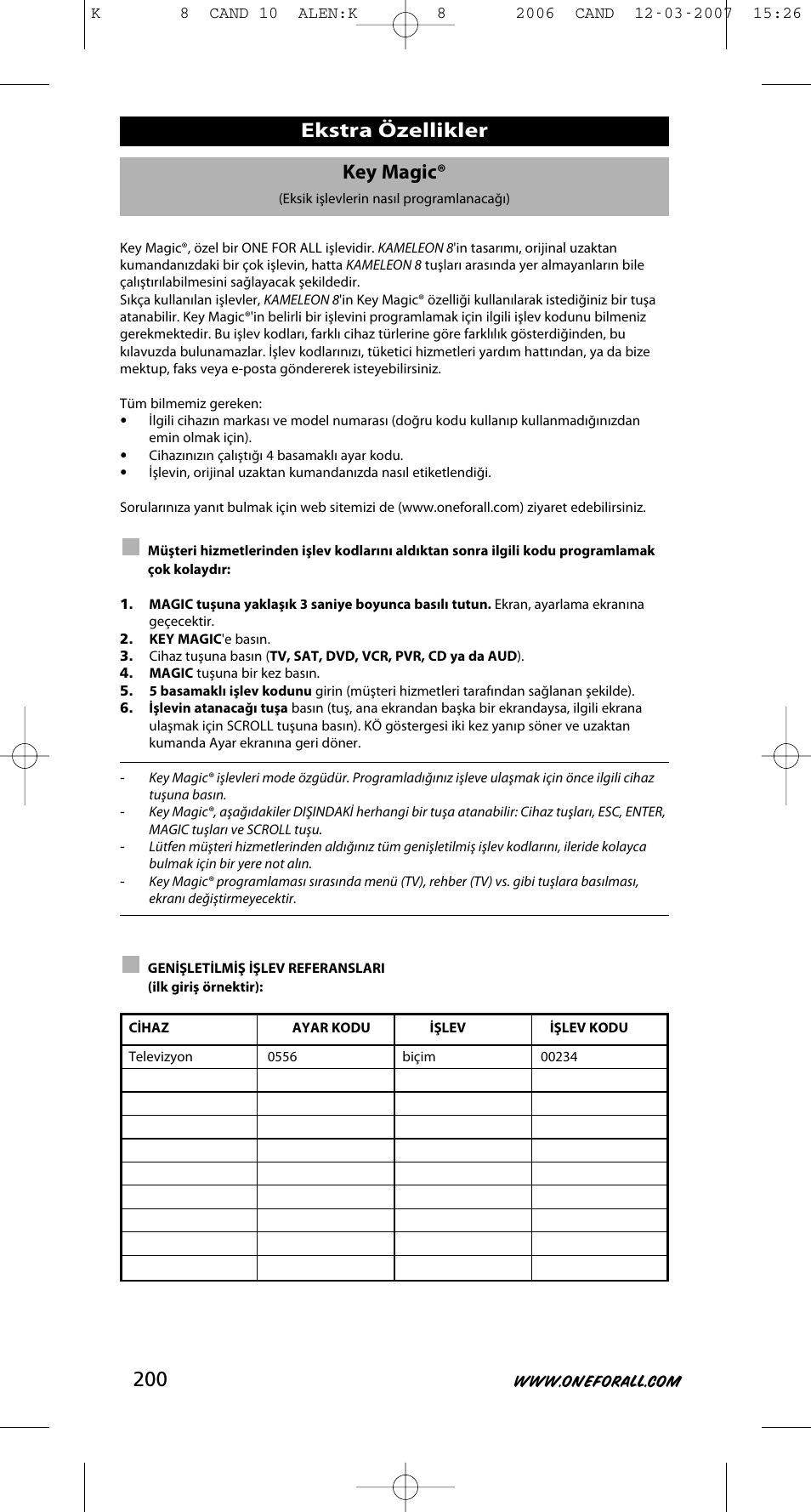 Key magic, Ekstra özellikler | One for All KAMELEON URC-8308 User Manual | Page 201 / 293