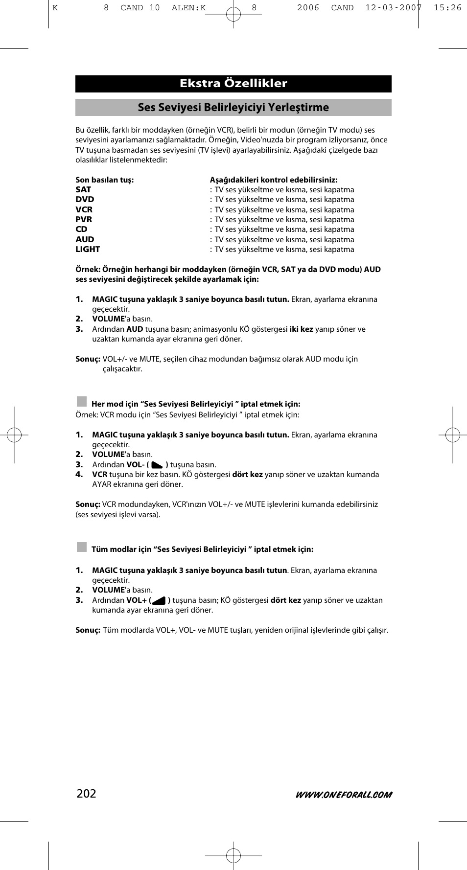 Ses seviyesi belirleyiciyi yerleştirme, Ekstra özellikler | One for All KAMELEON URC-8308 User Manual | Page 203 / 293
