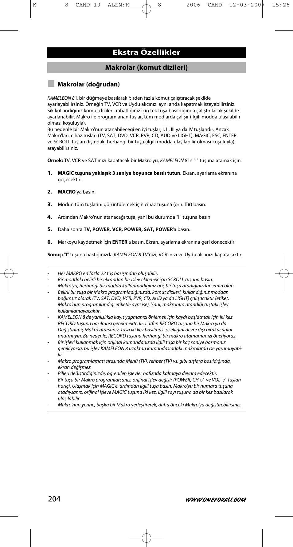 Makrolar (komut dizileri), Ekstra özellikler, Makrolar (doğrudan) | One for All KAMELEON URC-8308 User Manual | Page 205 / 293