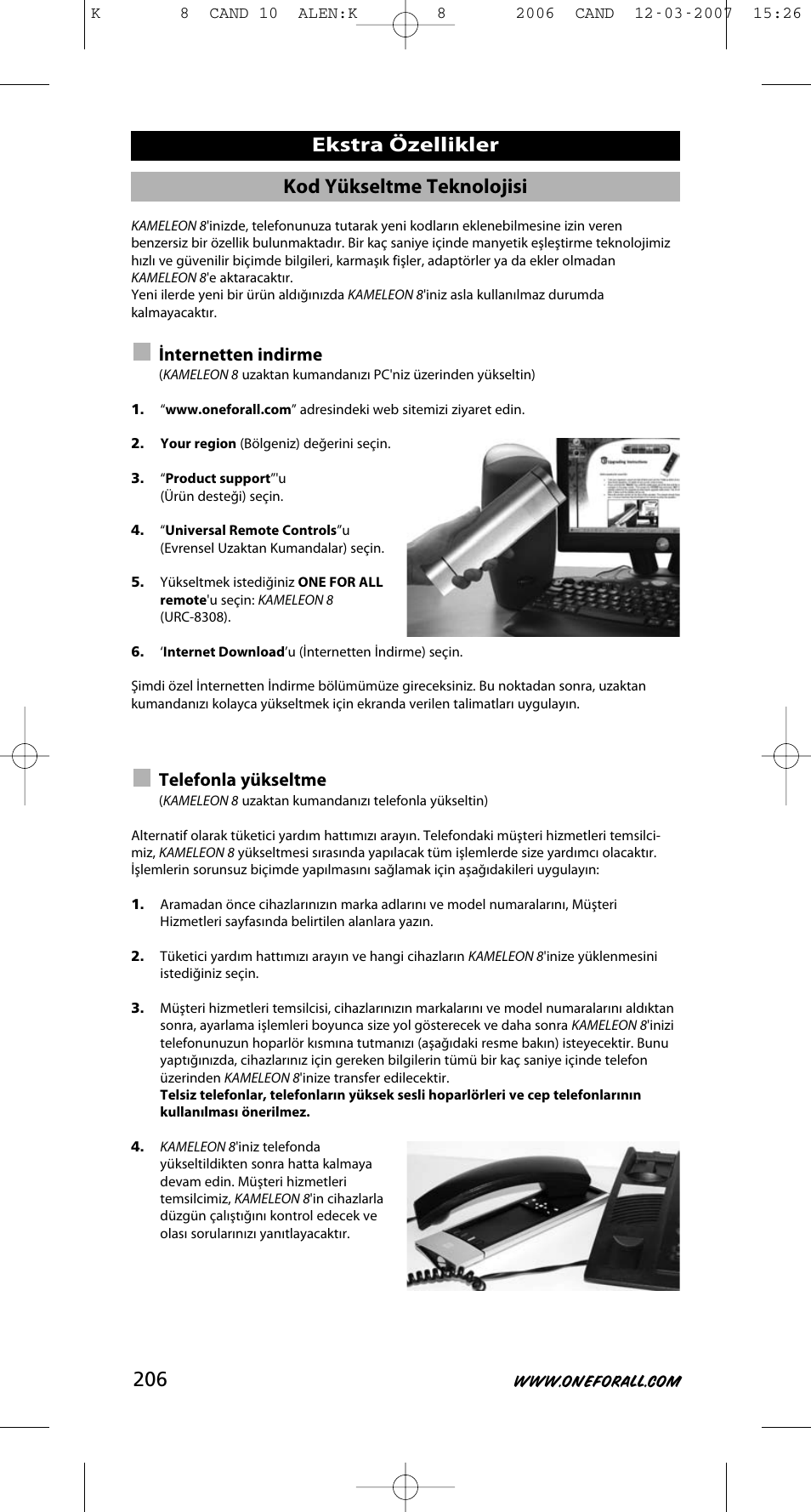Kod yükseltme teknolojisi, Ekstra özellikler, Internetten indirme | Telefonla yükseltme | One for All KAMELEON URC-8308 User Manual | Page 207 / 293