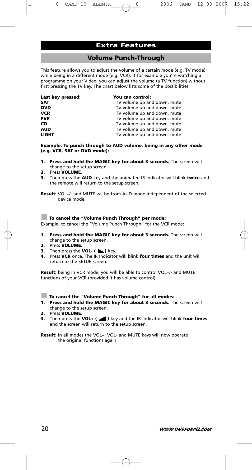 Volume punch-through, Extra features | One for All KAMELEON URC-8308 User Manual | Page 21 / 293