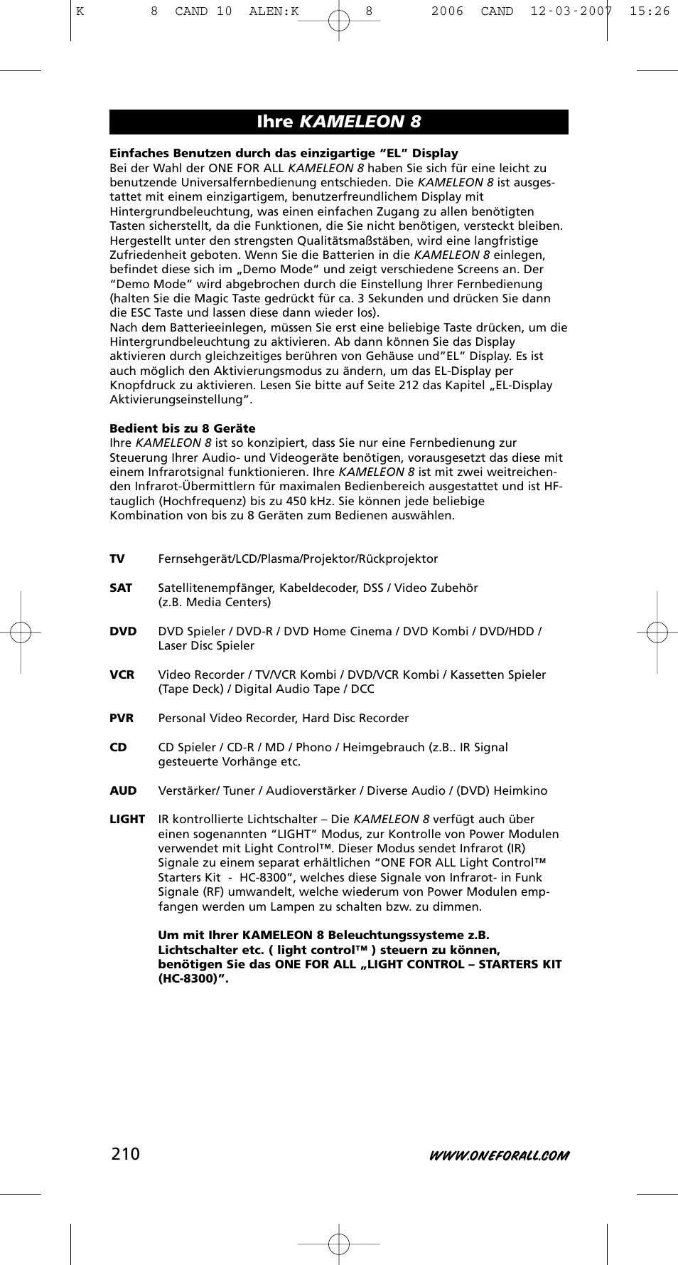 Ihre kameleon 8 | One for All KAMELEON URC-8308 User Manual | Page 211 / 293