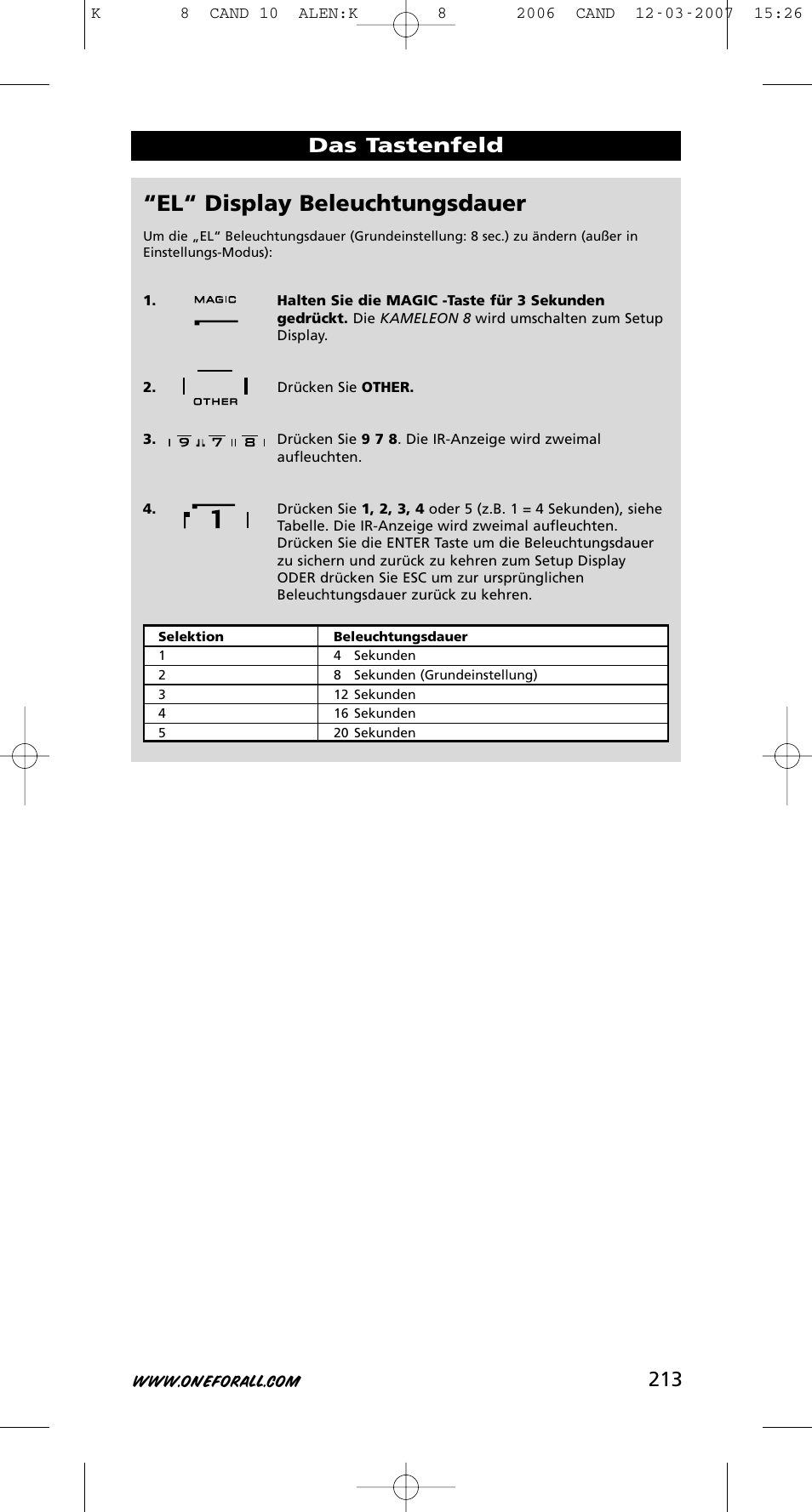 El“ display beleuchtungsdauer, 213 das tastenfeld | One for All KAMELEON URC-8308 User Manual | Page 214 / 293