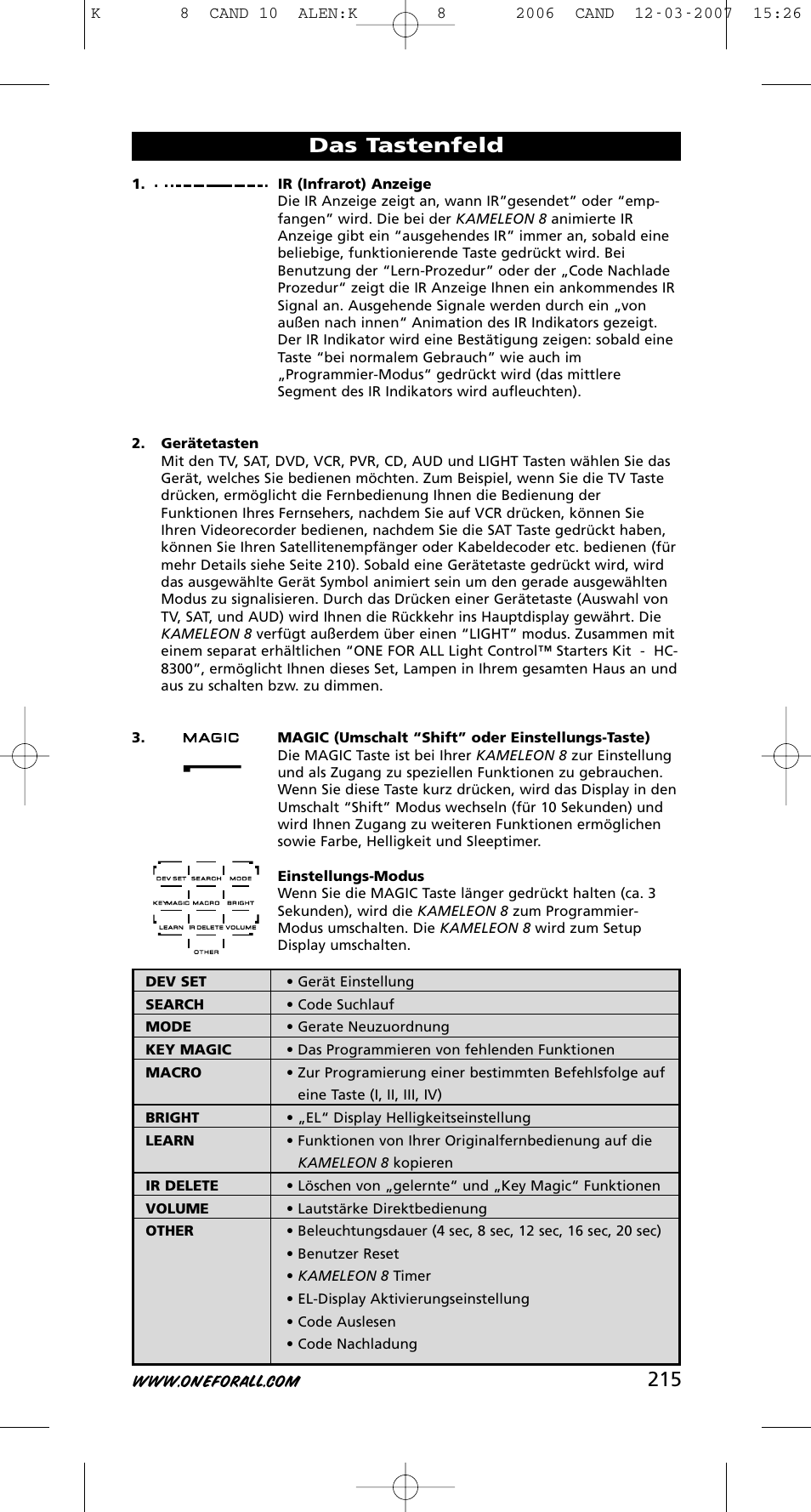 Das tastenfeld | One for All KAMELEON URC-8308 User Manual | Page 216 / 293