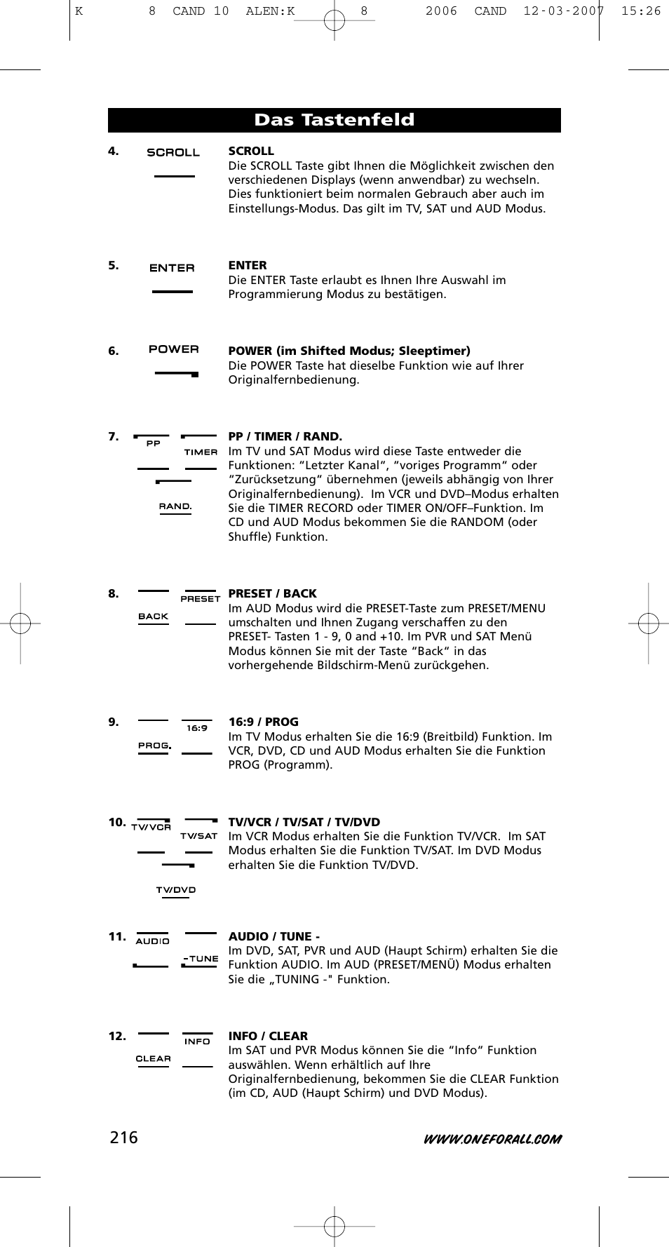 Das tastenfeld | One for All KAMELEON URC-8308 User Manual | Page 217 / 293
