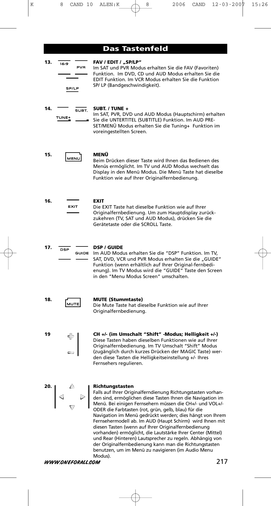217 das tastenfeld | One for All KAMELEON URC-8308 User Manual | Page 218 / 293