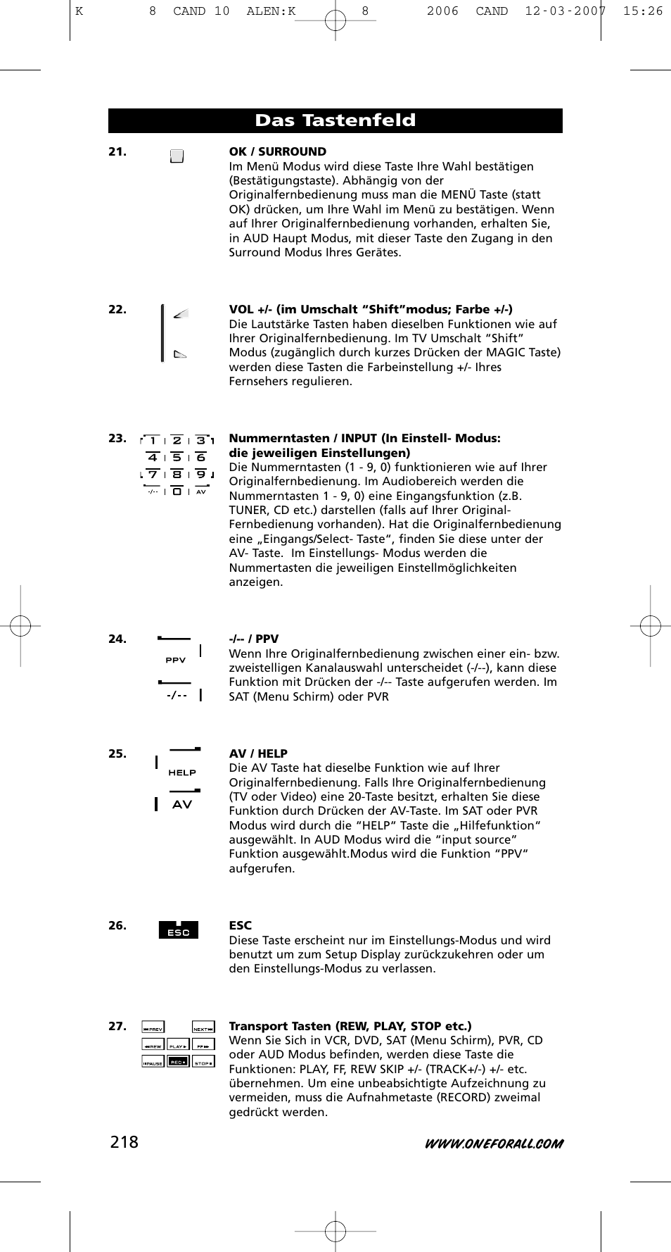 Das tastenfeld | One for All KAMELEON URC-8308 User Manual | Page 219 / 293