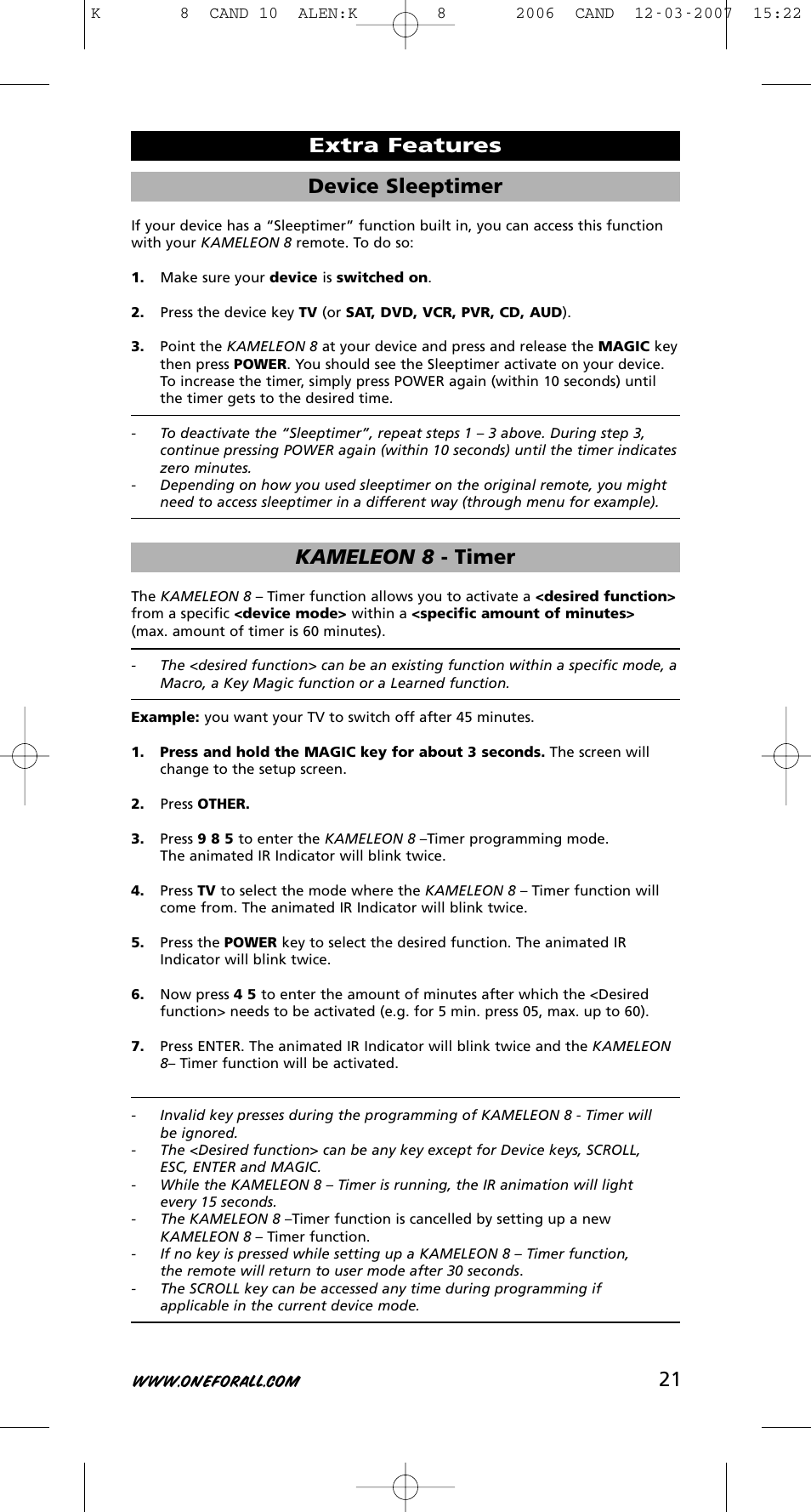 21 device sleeptimer, Kameleon 8 - timer, Extra features | One for All KAMELEON URC-8308 User Manual | Page 22 / 293
