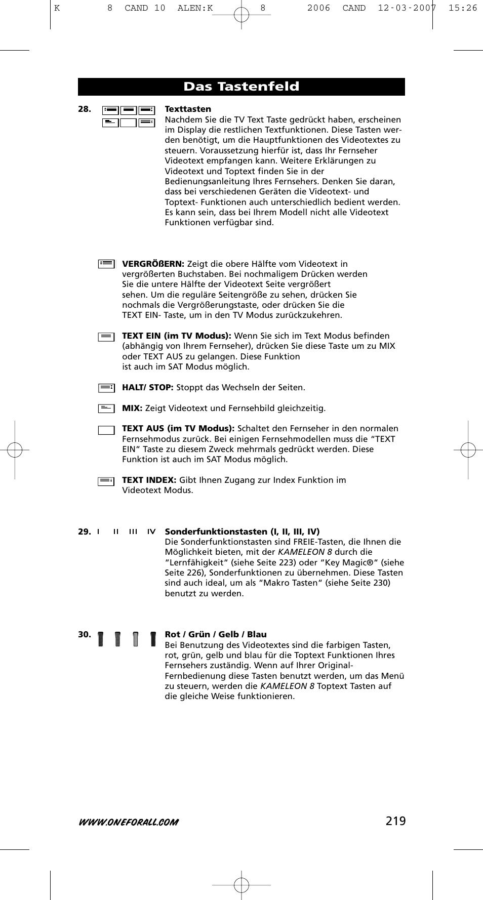 219 das tastenfeld | One for All KAMELEON URC-8308 User Manual | Page 220 / 293