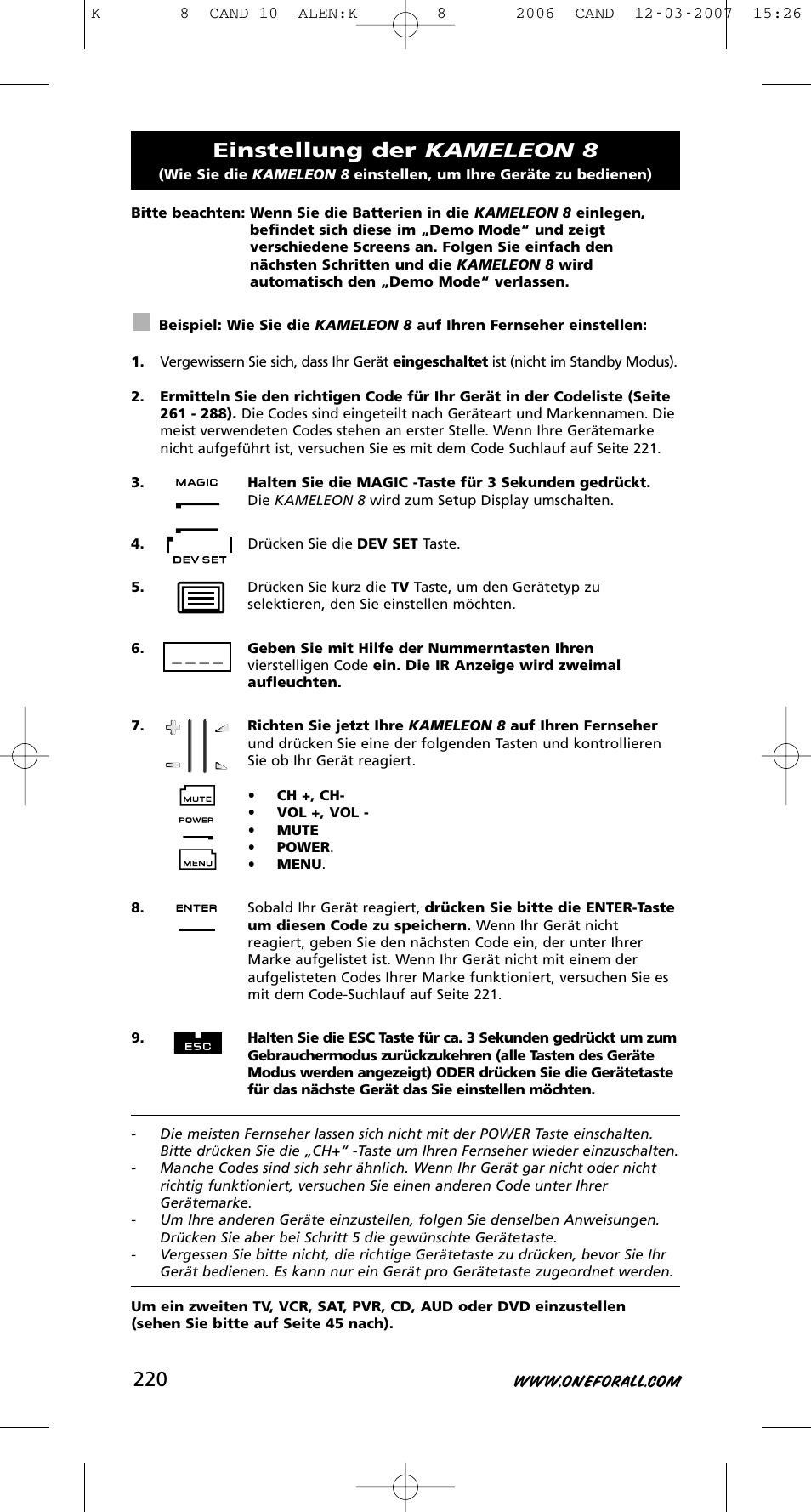 Einstellung der kameleon 8 | One for All KAMELEON URC-8308 User Manual | Page 221 / 293