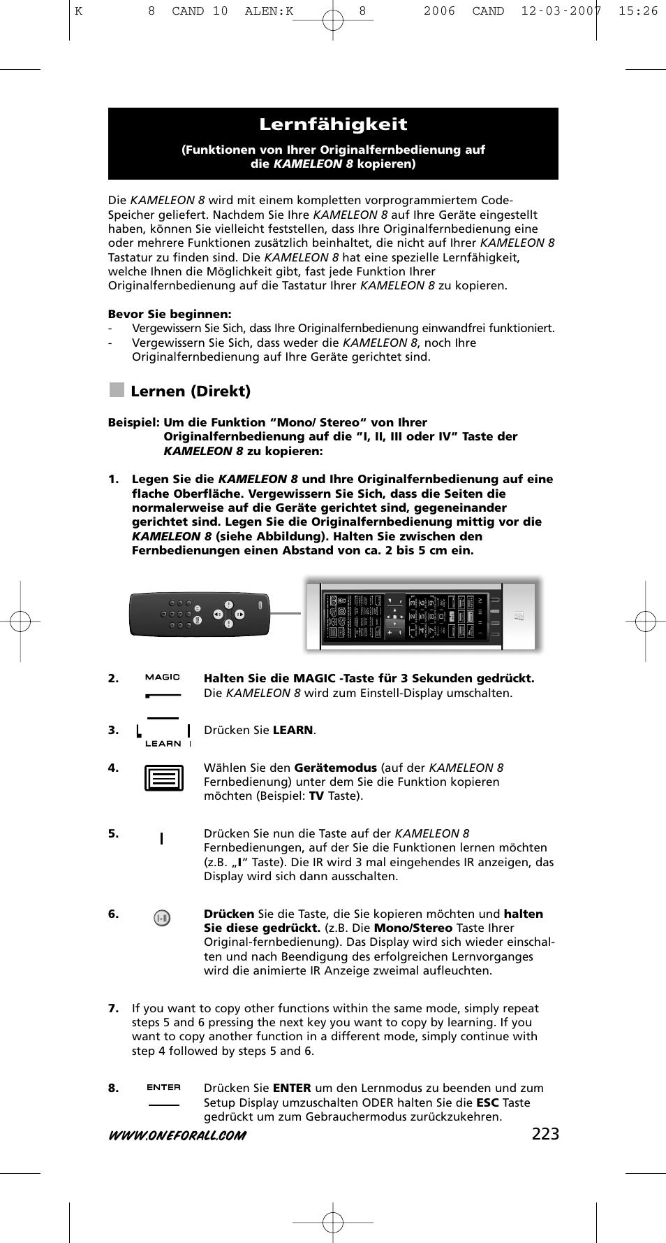 Lernfähigkeit, Lernen (direkt) | One for All KAMELEON URC-8308 User Manual | Page 224 / 293