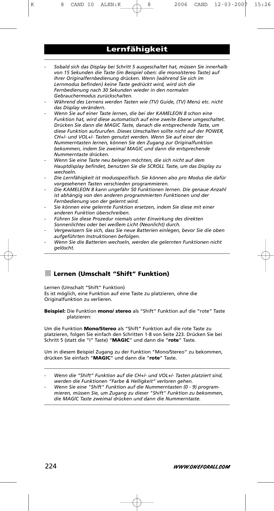 Lernfähigkeit, Lernen (umschalt “shift“ funktion) | One for All KAMELEON URC-8308 User Manual | Page 225 / 293