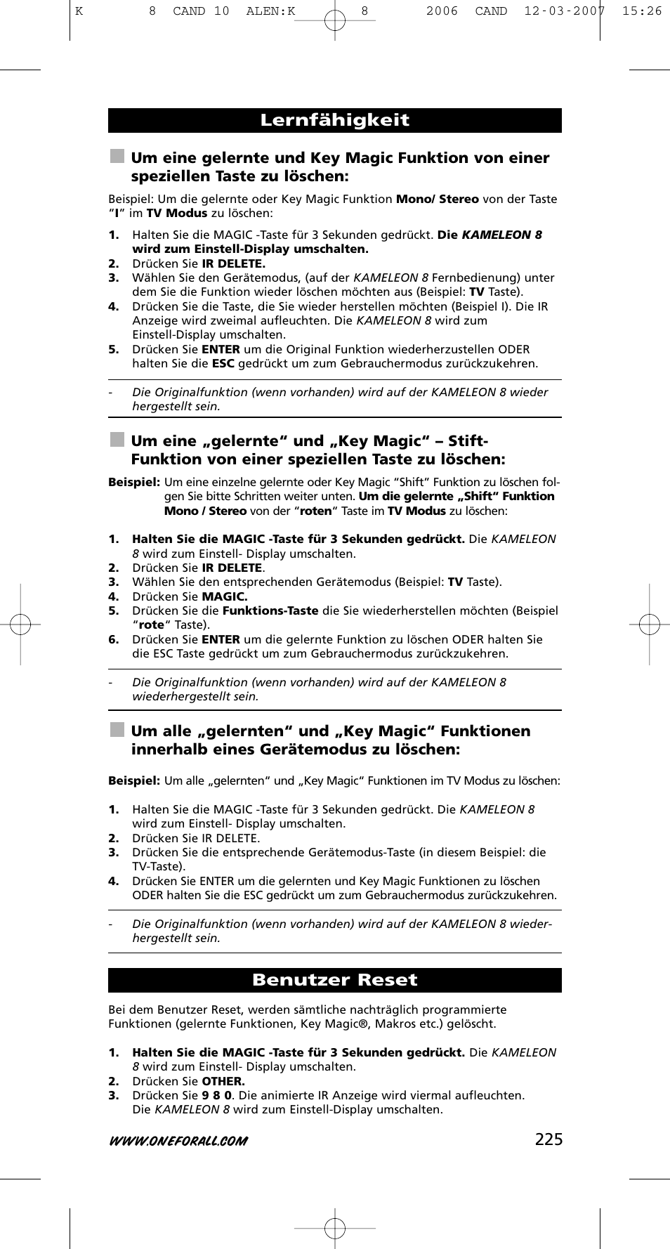 Lernfähigkeit benutzer reset | One for All KAMELEON URC-8308 User Manual | Page 226 / 293