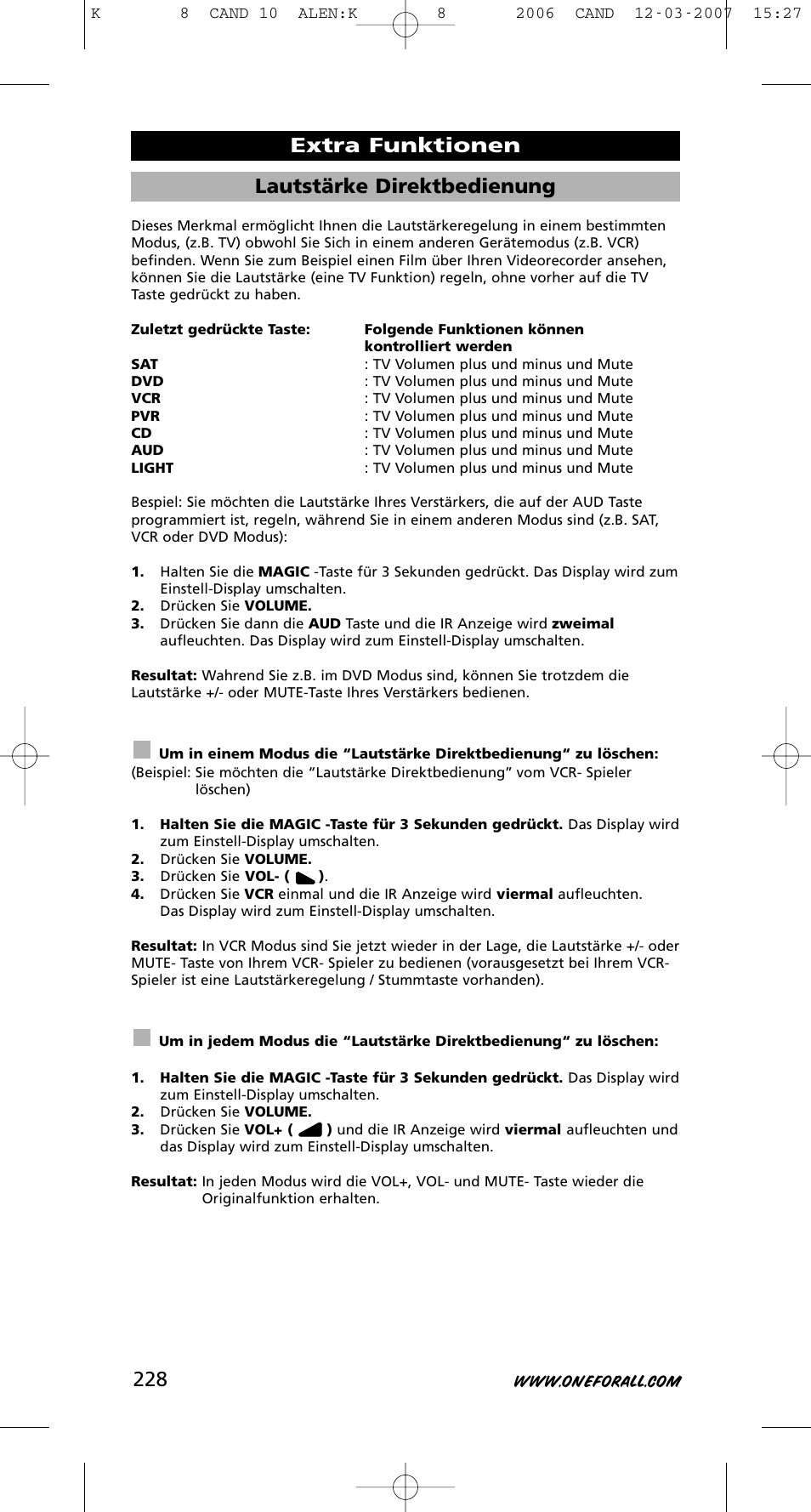 Lautstärke direktbedienung, Extra funktionen | One for All KAMELEON URC-8308 User Manual | Page 229 / 293
