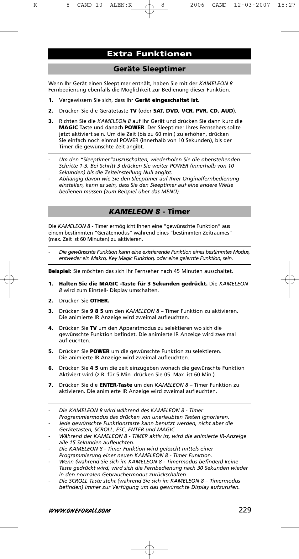 229 geräte sleeptimer, Kameleon 8 - timer, Extra funktionen | One for All KAMELEON URC-8308 User Manual | Page 230 / 293