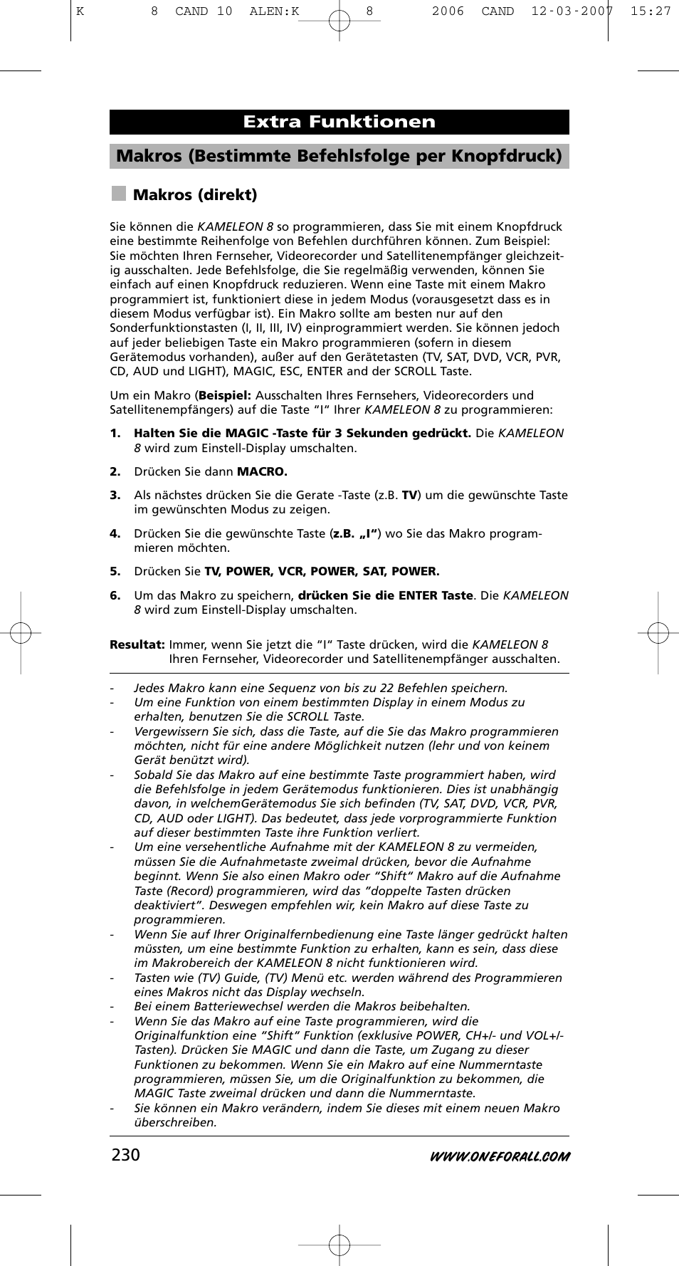 Makros (bestimmte befehlsfolge per knopfdruck), Extra funktionen, Makros (direkt) | One for All KAMELEON URC-8308 User Manual | Page 231 / 293