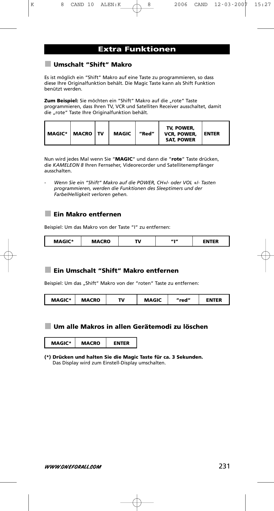 Extra funktionen, Umschalt “shift“ makro, Ein makro entfernen | Ein umschalt “shift“ makro entfernen, Um alle makros in allen gerätemodi zu löschen | One for All KAMELEON URC-8308 User Manual | Page 232 / 293
