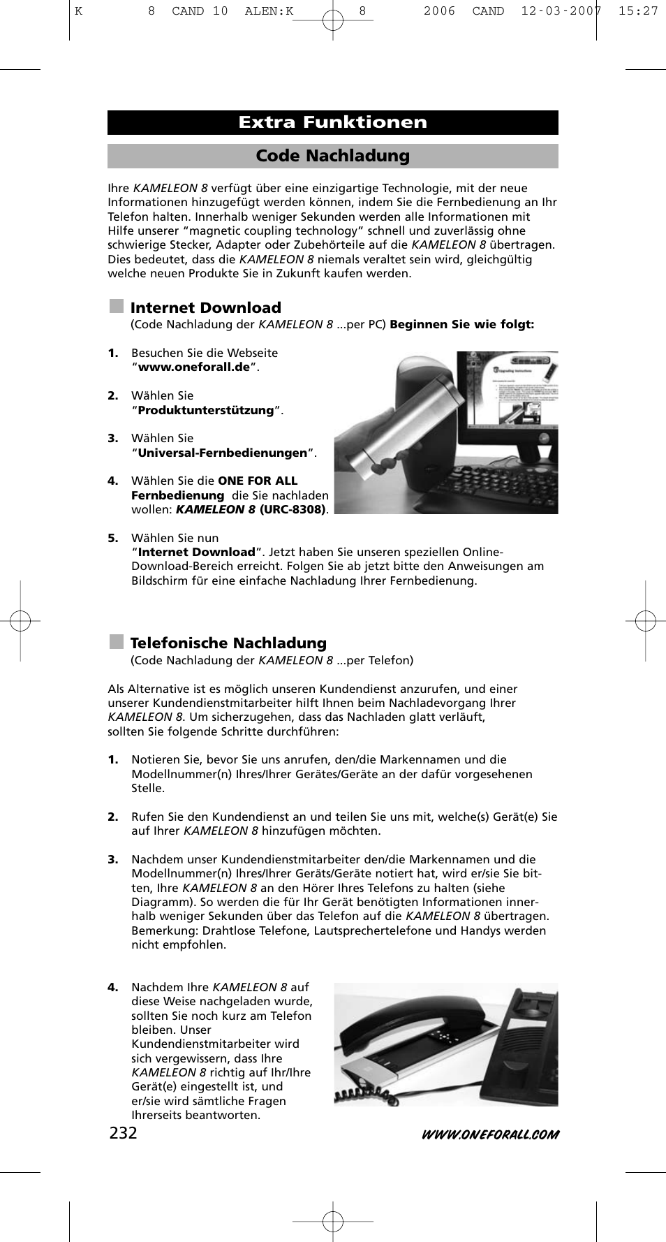 Code nachladung, Extra funktionen, Internet download | Telefonische nachladung | One for All KAMELEON URC-8308 User Manual | Page 233 / 293