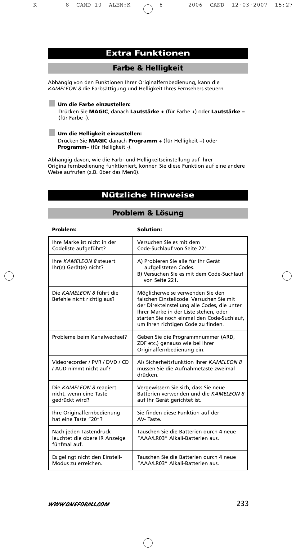 233 farbe & helligkeit | One for All KAMELEON URC-8308 User Manual | Page 234 / 293