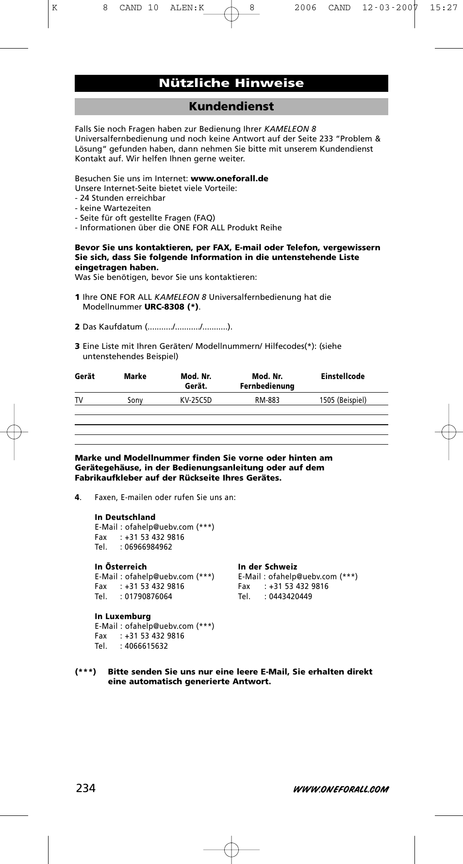 Kundendienst, Nützliche hinweise | One for All KAMELEON URC-8308 User Manual | Page 235 / 293