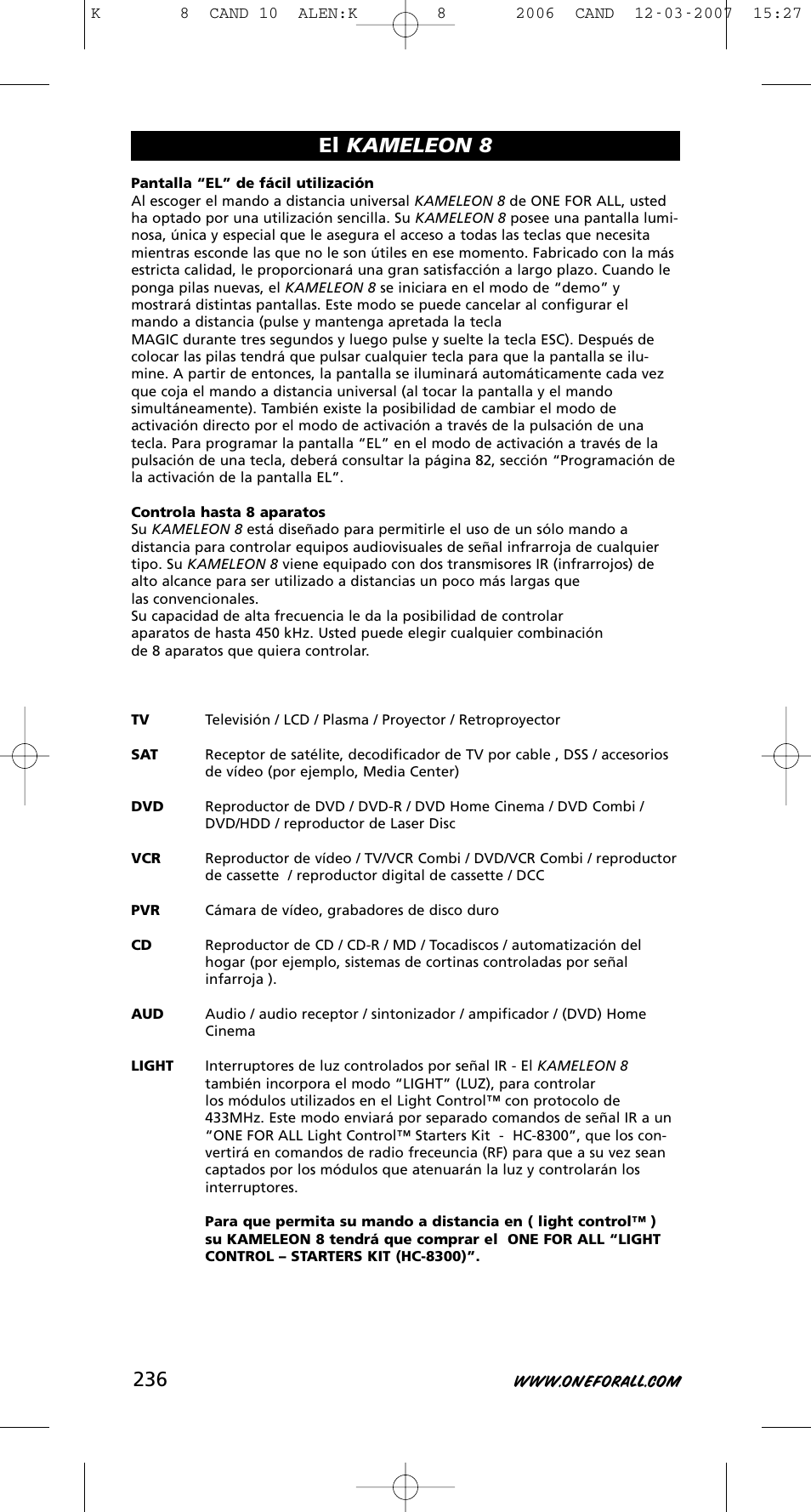 El kameleon 8 | One for All KAMELEON URC-8308 User Manual | Page 237 / 293