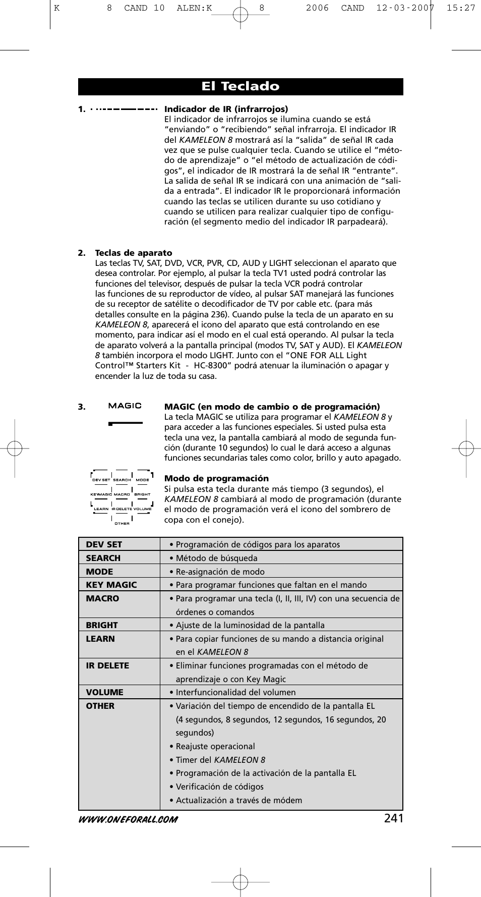 El teclado | One for All KAMELEON URC-8308 User Manual | Page 242 / 293