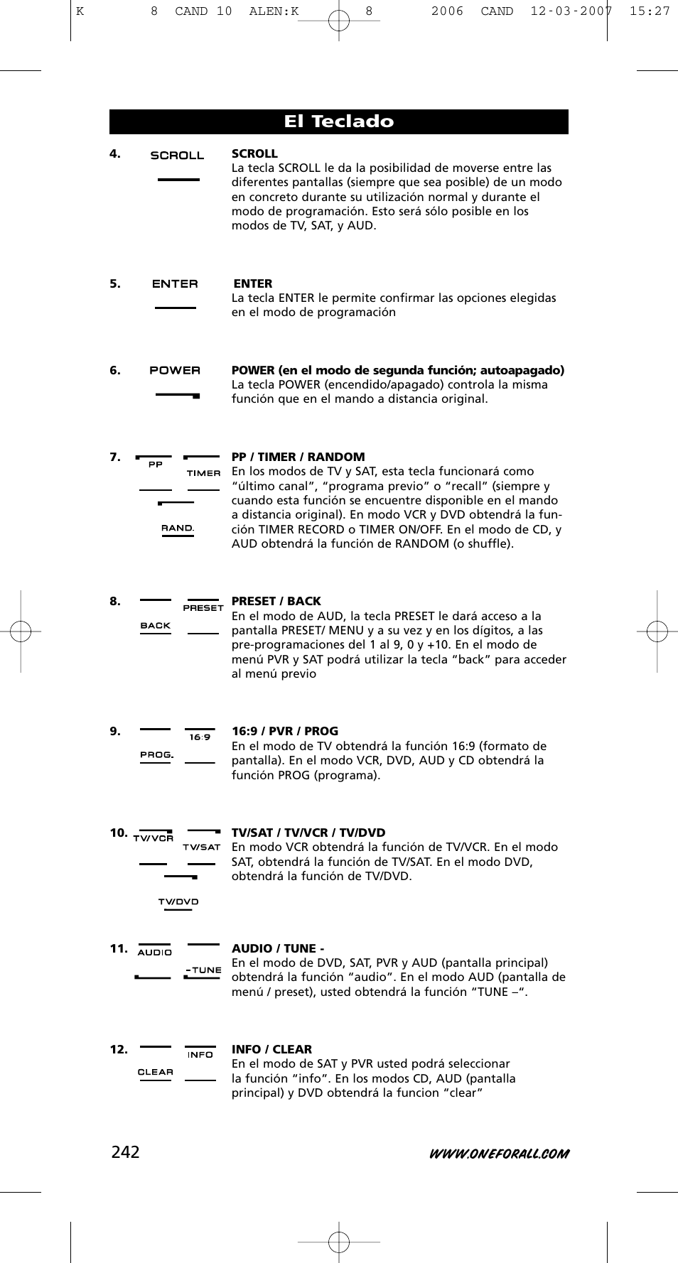 El teclado | One for All KAMELEON URC-8308 User Manual | Page 243 / 293