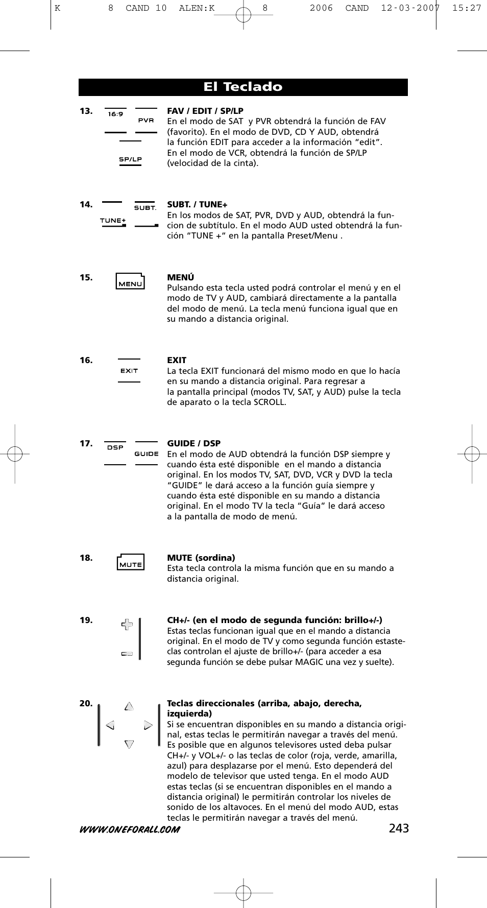 243 el teclado | One for All KAMELEON URC-8308 User Manual | Page 244 / 293