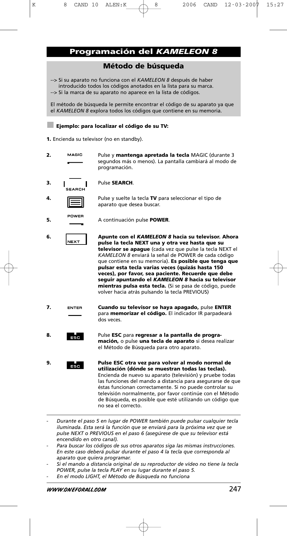 247 método de búsqueda, Programación del kameleon 8 | One for All KAMELEON URC-8308 User Manual | Page 248 / 293
