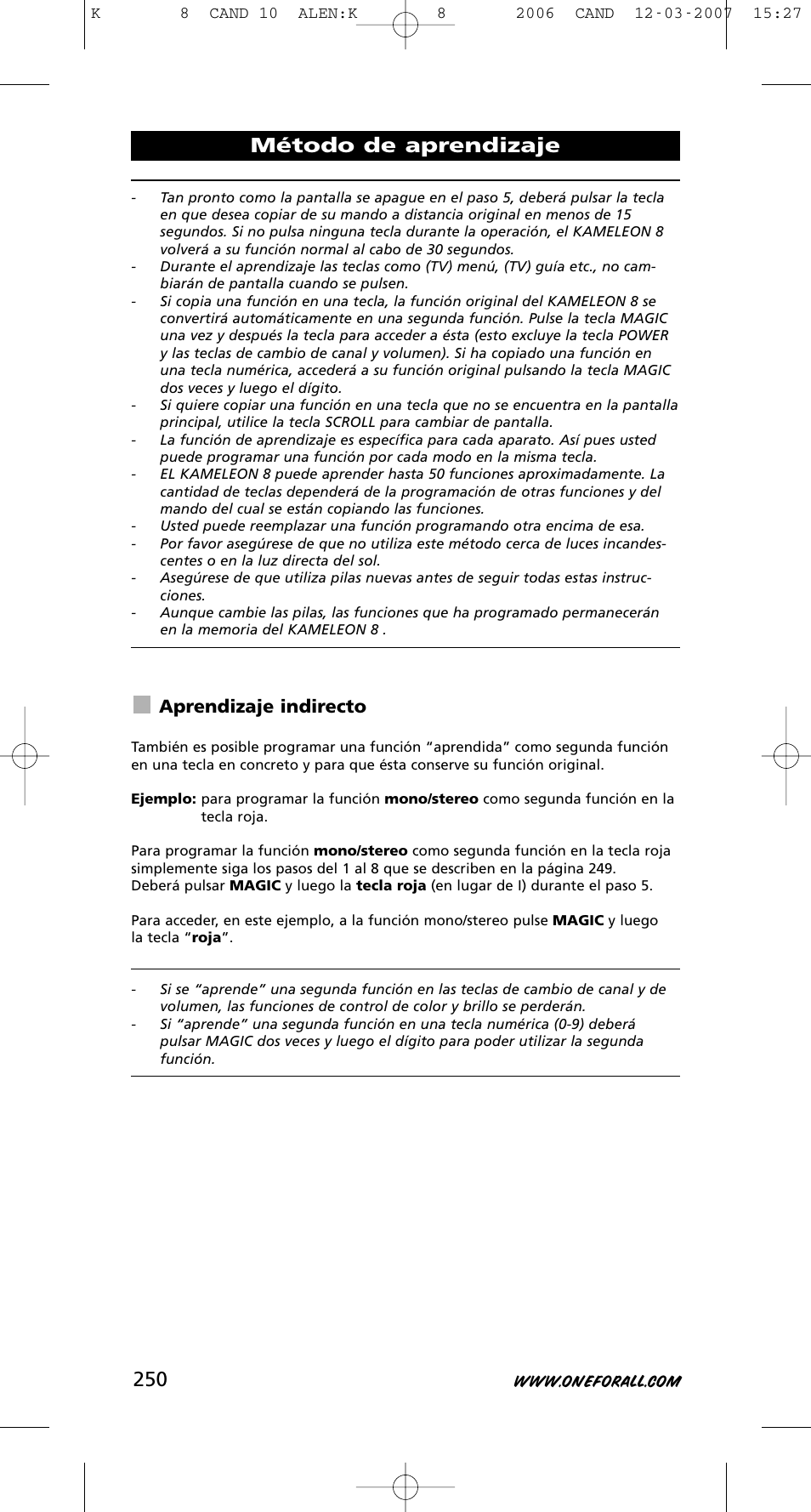Método de aprendizaje, Aprendizaje indirecto | One for All KAMELEON URC-8308 User Manual | Page 251 / 293