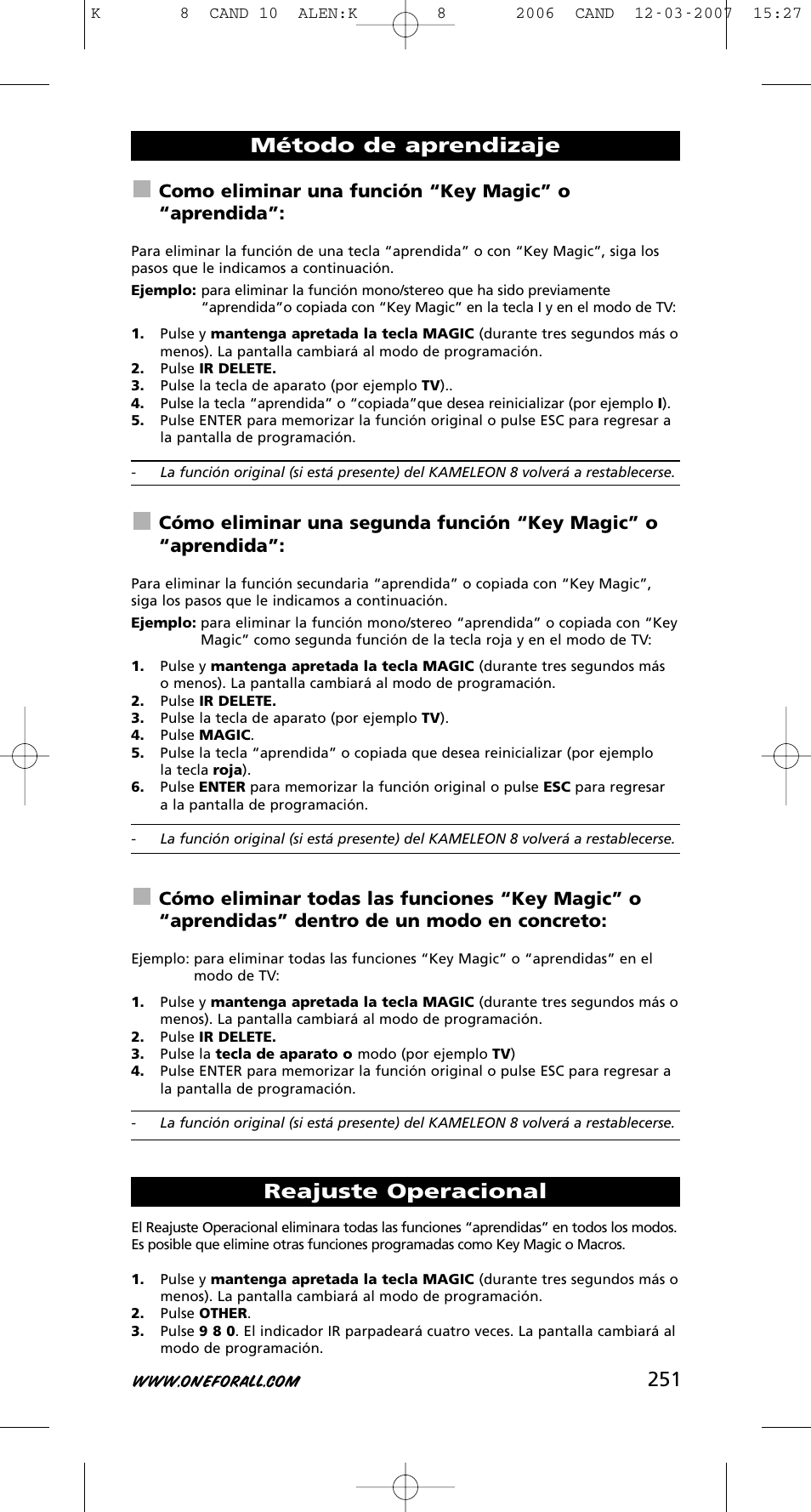 Método de aprendizaje reajuste operacional, Como eliminar una función “key magic” o “aprendida | One for All KAMELEON URC-8308 User Manual | Page 252 / 293