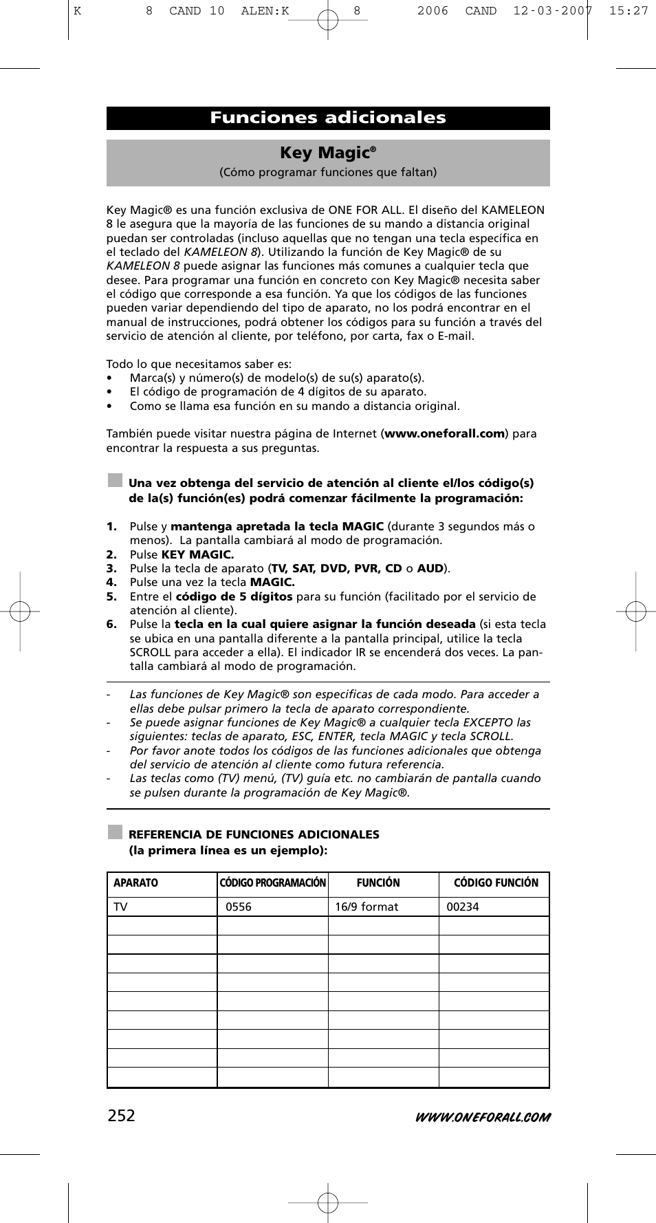 Key magic, Funciones adicionales | One for All KAMELEON URC-8308 User Manual | Page 253 / 293