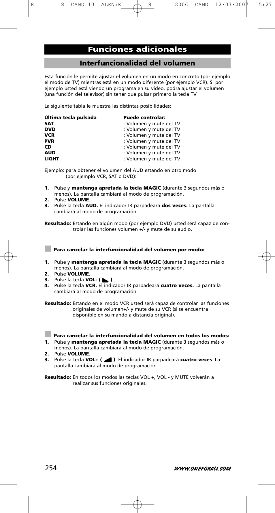 Interfuncionalidad del volumen, Funciones adicionales | One for All KAMELEON URC-8308 User Manual | Page 255 / 293