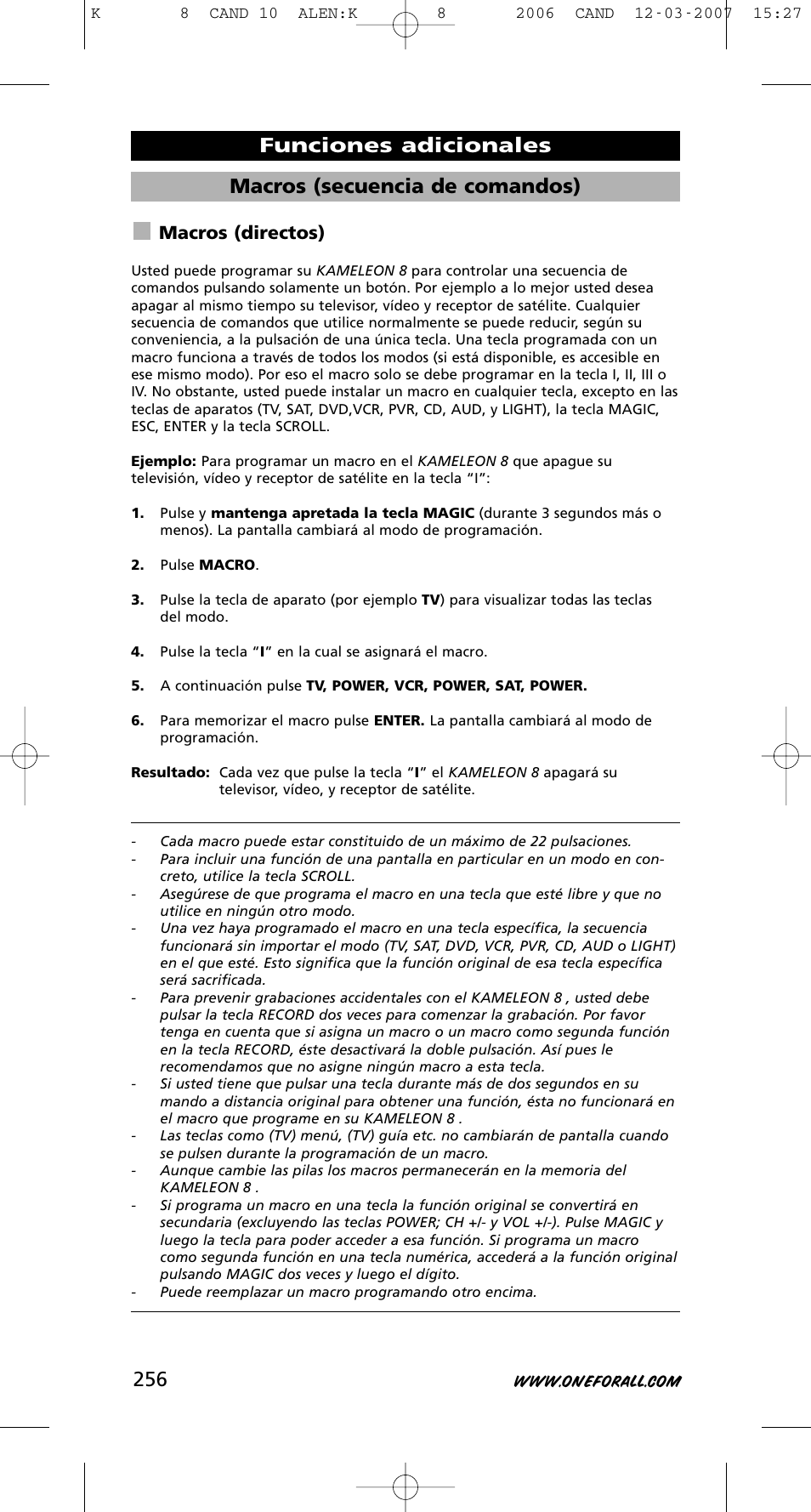 Macros (secuencia de comandos), Funciones adicionales, Macros (directos) | One for All KAMELEON URC-8308 User Manual | Page 257 / 293