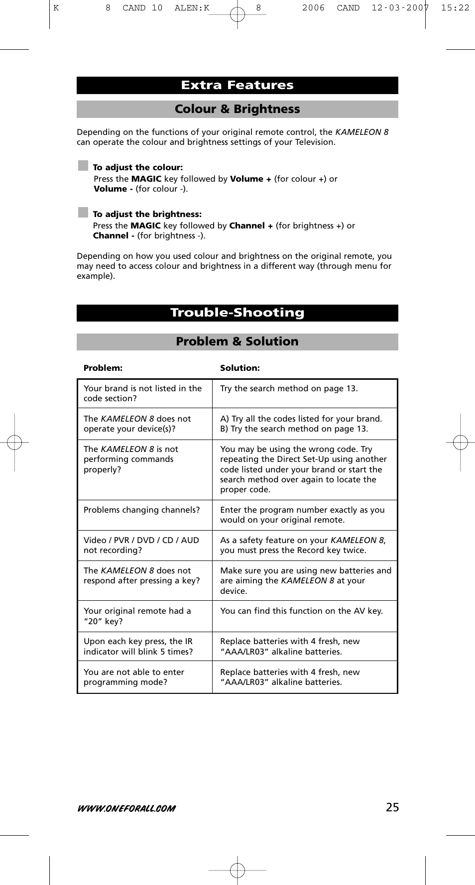 25 colour & brightness, Extra features trouble-shooting problem & solution | One for All KAMELEON URC-8308 User Manual | Page 26 / 293