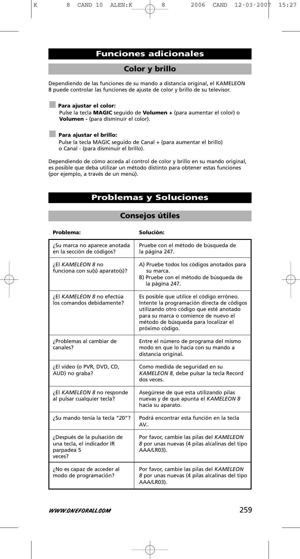 259 color y brillo | One for All KAMELEON URC-8308 User Manual | Page 260 / 293